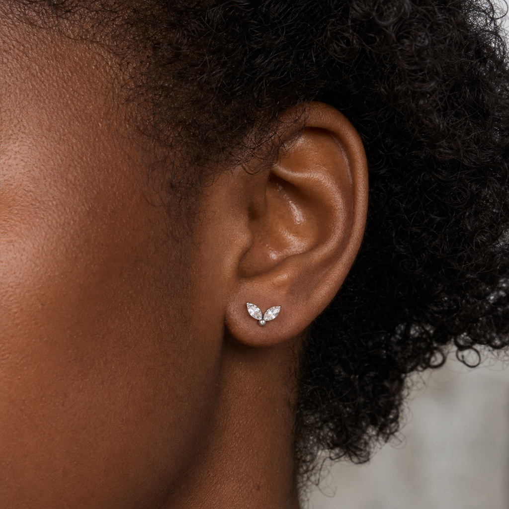 Clear CZ ASTM F136 Titanium Flat Back - Silver, Threadless, 16G, 1.2 x 8+4 mm — wearing view two (P-FB-0146-S01)