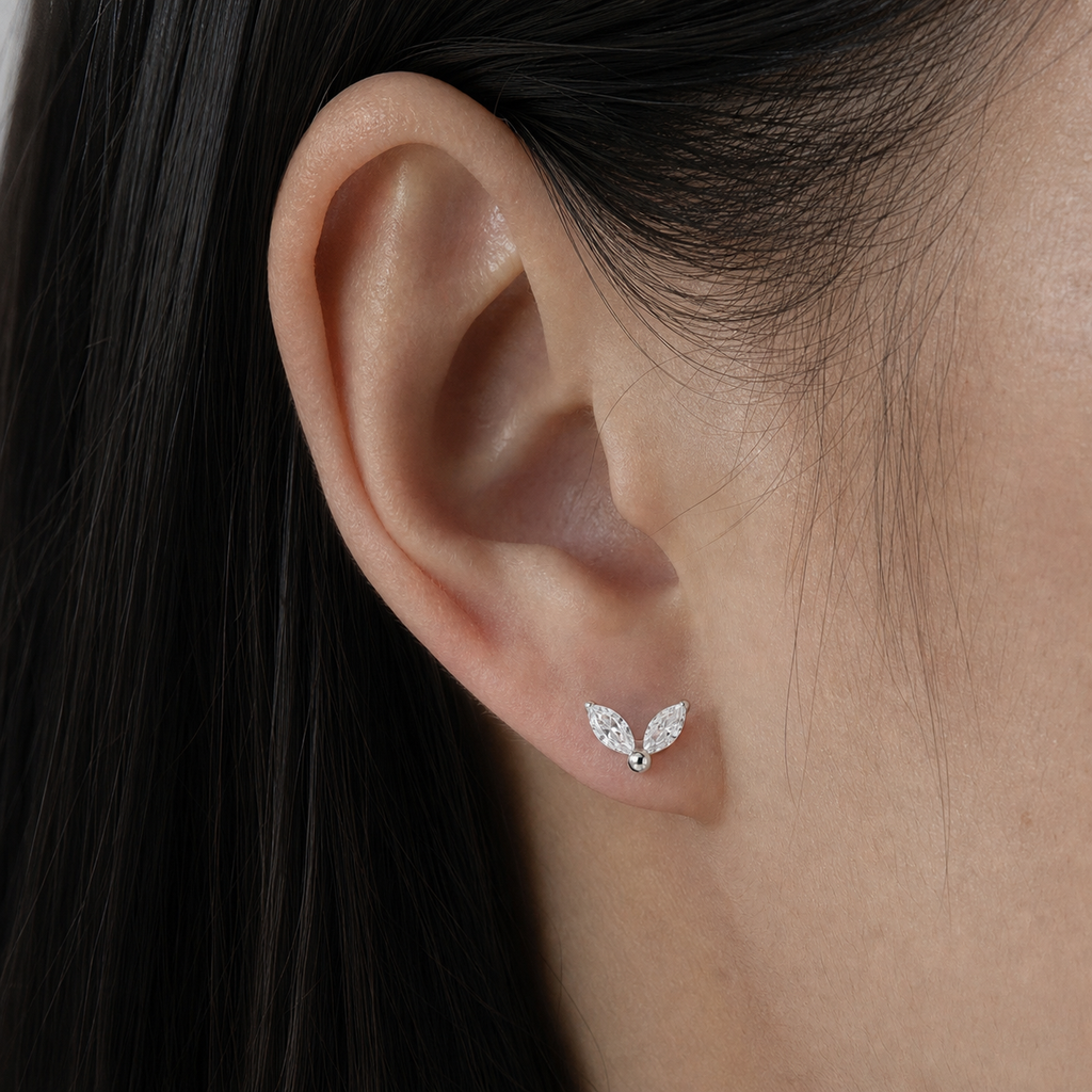 Clear CZ ASTM F136 Titanium Flat Back - Silver, Threadless, 16G, 1.2 x 8+4 mm — wearing view three (P-FB-0146-S01)