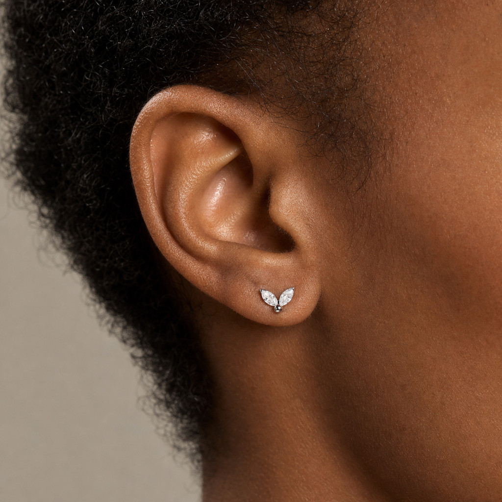 Clear CZ ASTM F136 Titanium Flat Back - Silver, Threadless, 16G, 1.2 x 8+4 mm — wearing view six (P-FB-0146-S01)