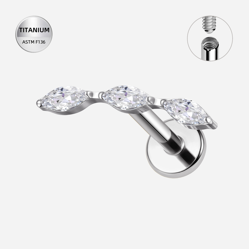 Clear CZ ASTM F136 Titanium Flat Back - Silver, Internally Threaded, 16G, 1.2 x 8+4 mm — product detail views (P-FB-0147-S01)