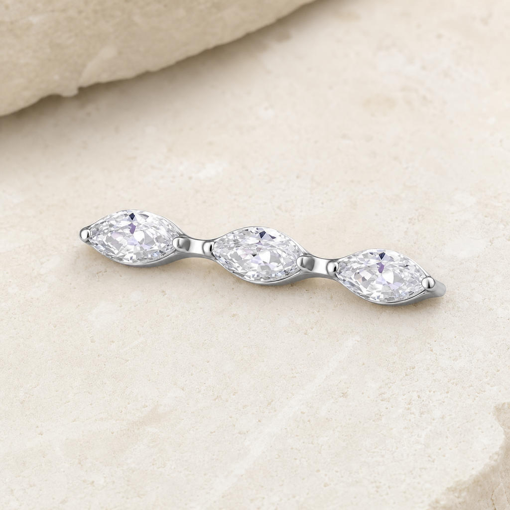 Clear CZ ASTM F136 Titanium Flat Back - Silver, Internally Threaded, 16G, 1.2 x 8+4 mm — styled flat lay (P-FB-0147-S01)