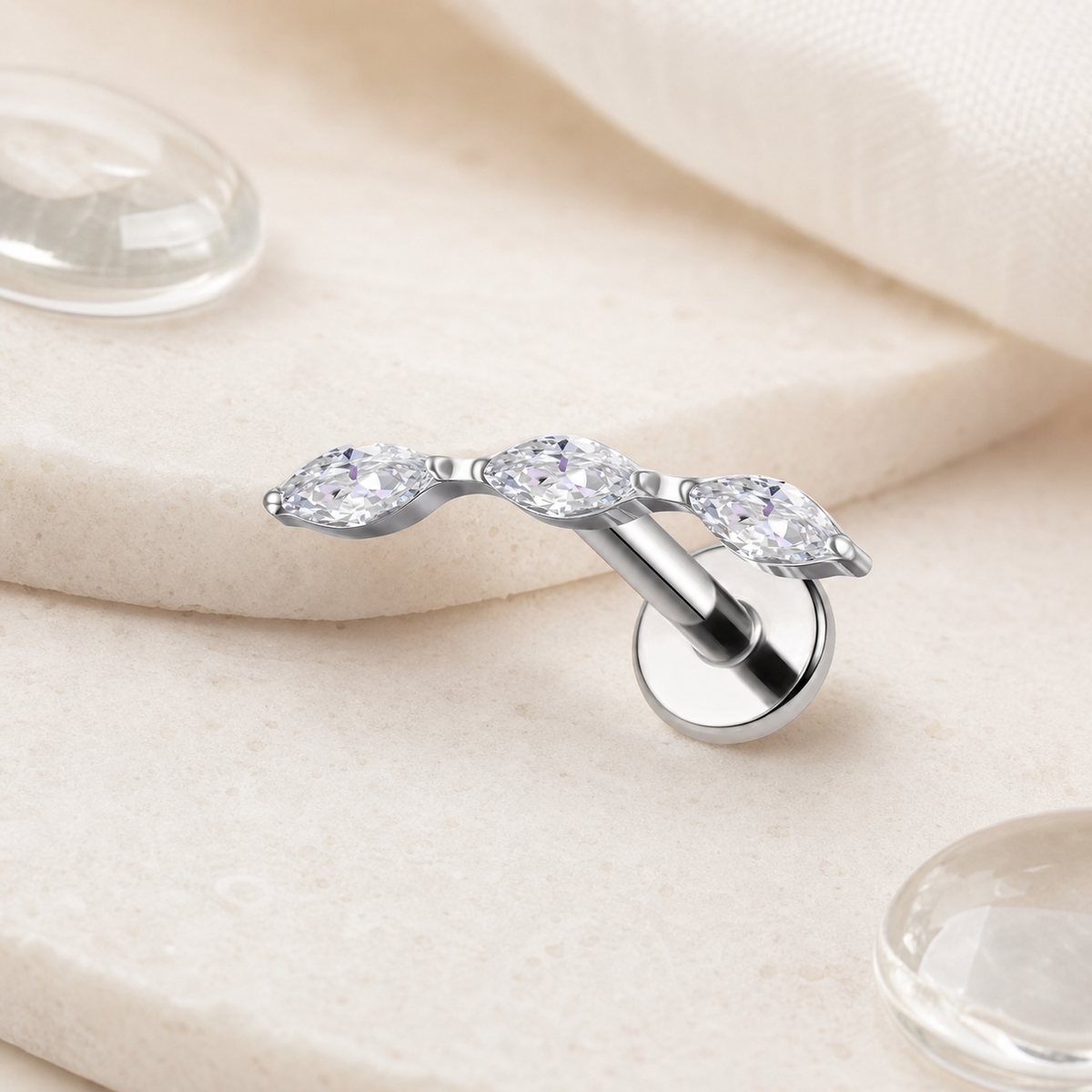 Clear CZ ASTM F136 Titanium Flat Back - Silver, Internally Threaded, 16G, 1.2 x 8+4 mm — styled flat lay (P-FB-0147-S01)