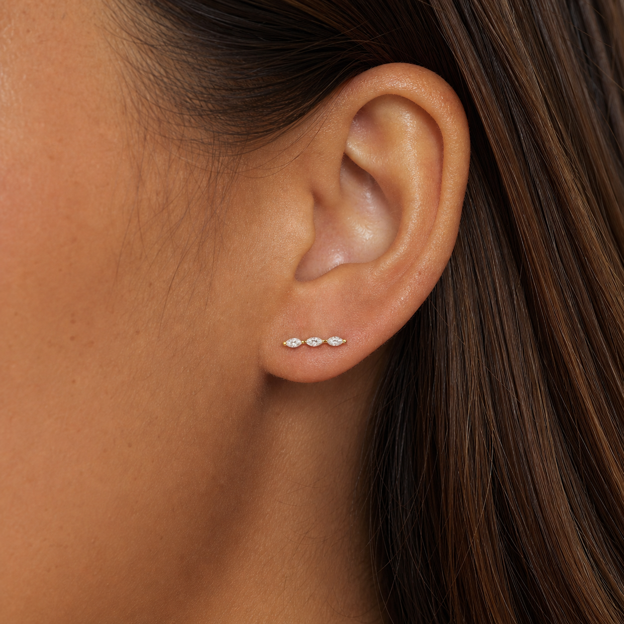 Clear CZ ASTM F136 Titanium Flat Back - Gold, Internally Threaded, 16G, 1.2 x 8+4 mm — wearing view one (P-FB-0148-G01)
