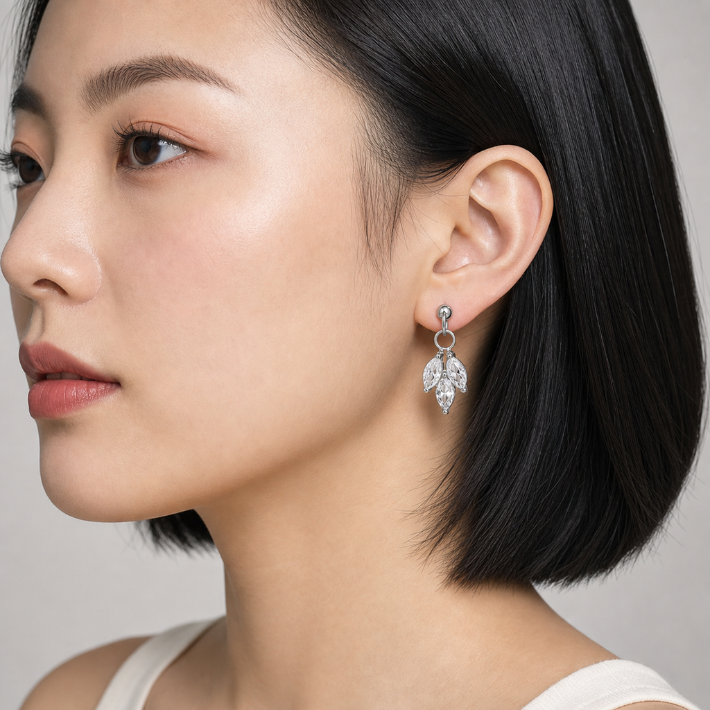 Clear CZ ASTM F136 Titanium Flat Back - Silver, Internally Threaded, 16G, 1.2 x 6 mm — wearing view four (P-FB-0149-S01)
