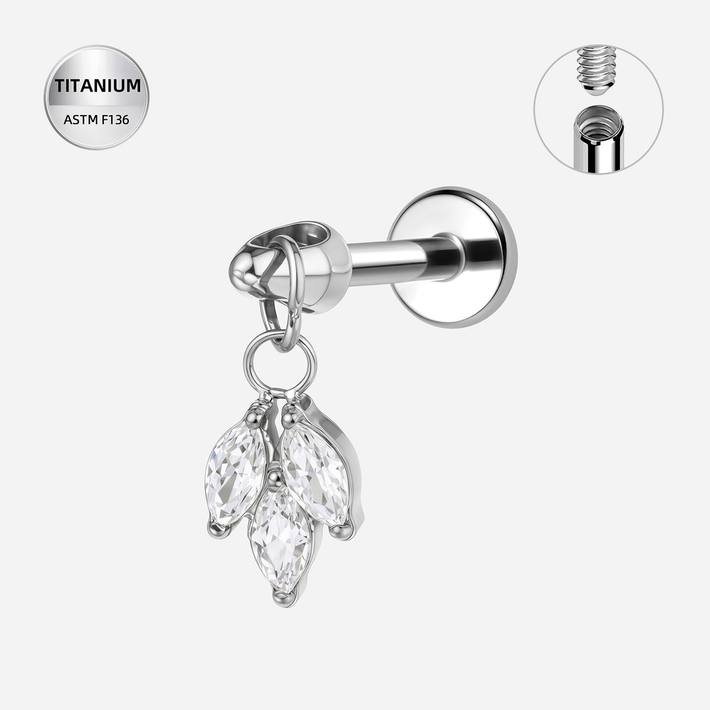 Clear CZ ASTM F136 Titanium Flat Back - Silver, Internally Threaded, 16G, 1.2 x 6 mm — product detail views (P-FB-0149-S01)
