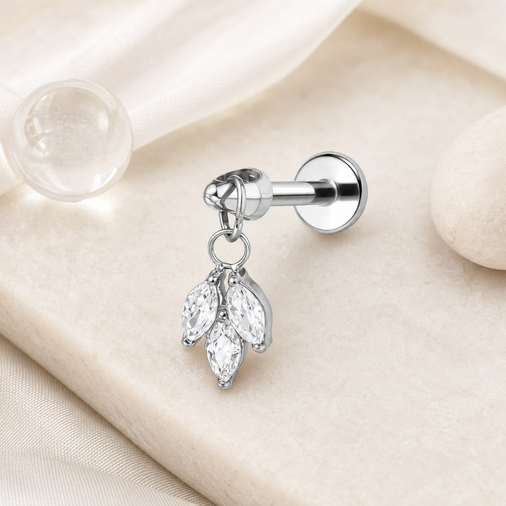 Clear CZ ASTM F136 Titanium Flat Back - Silver, Internally Threaded, 16G, 1.2 x 6 mm — styled flat lay (P-FB-0149-S01)