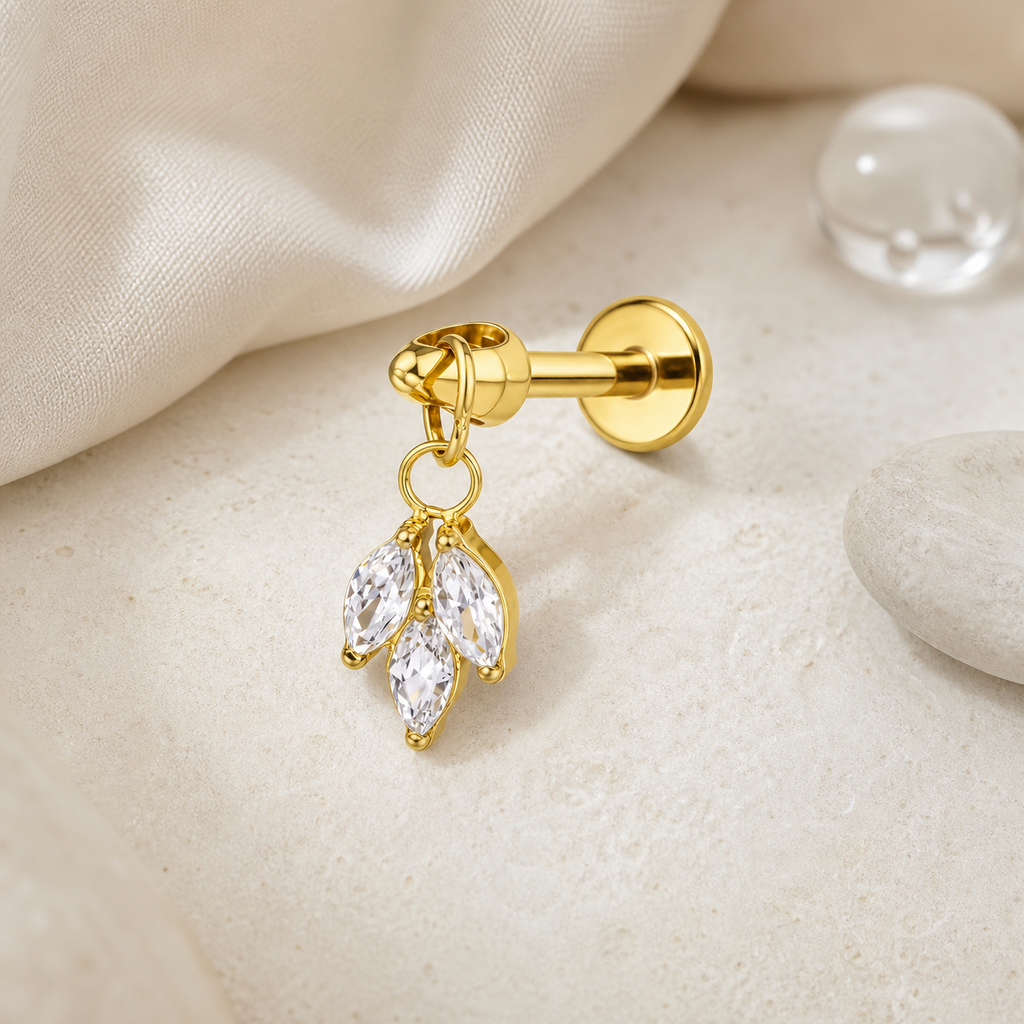 Clear CZ ASTM F136 Titanium Flat Back - Gold, Internally Threaded, 16G, 1.2 x 6 mm — styled flat lay (P-FB-0150-G01)
