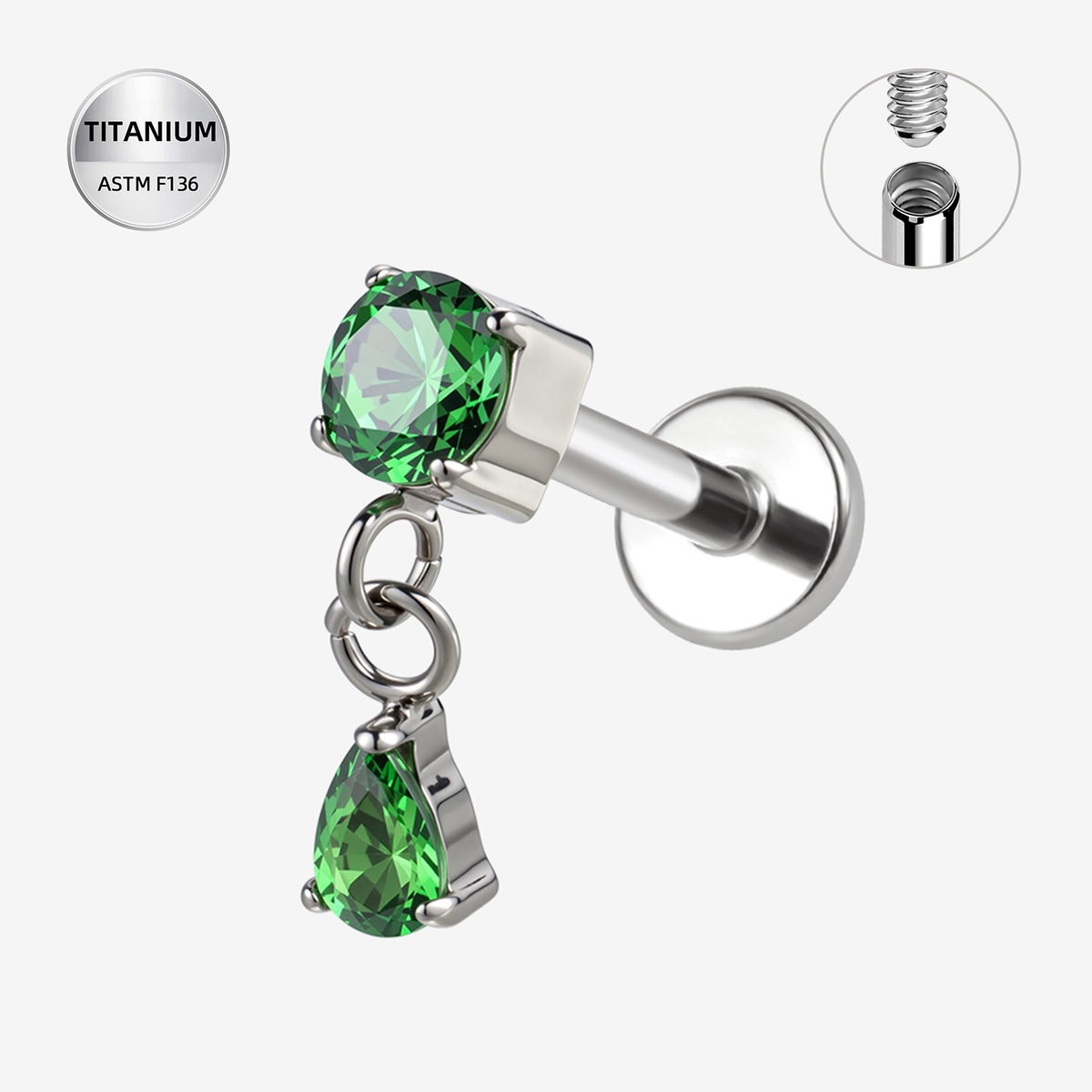 Green ASTM F136 Titanium Flat Back - Silver, Internally Threaded, 16G, 1.2 x 6 mm — product detail views (P-FB-0152-S01)