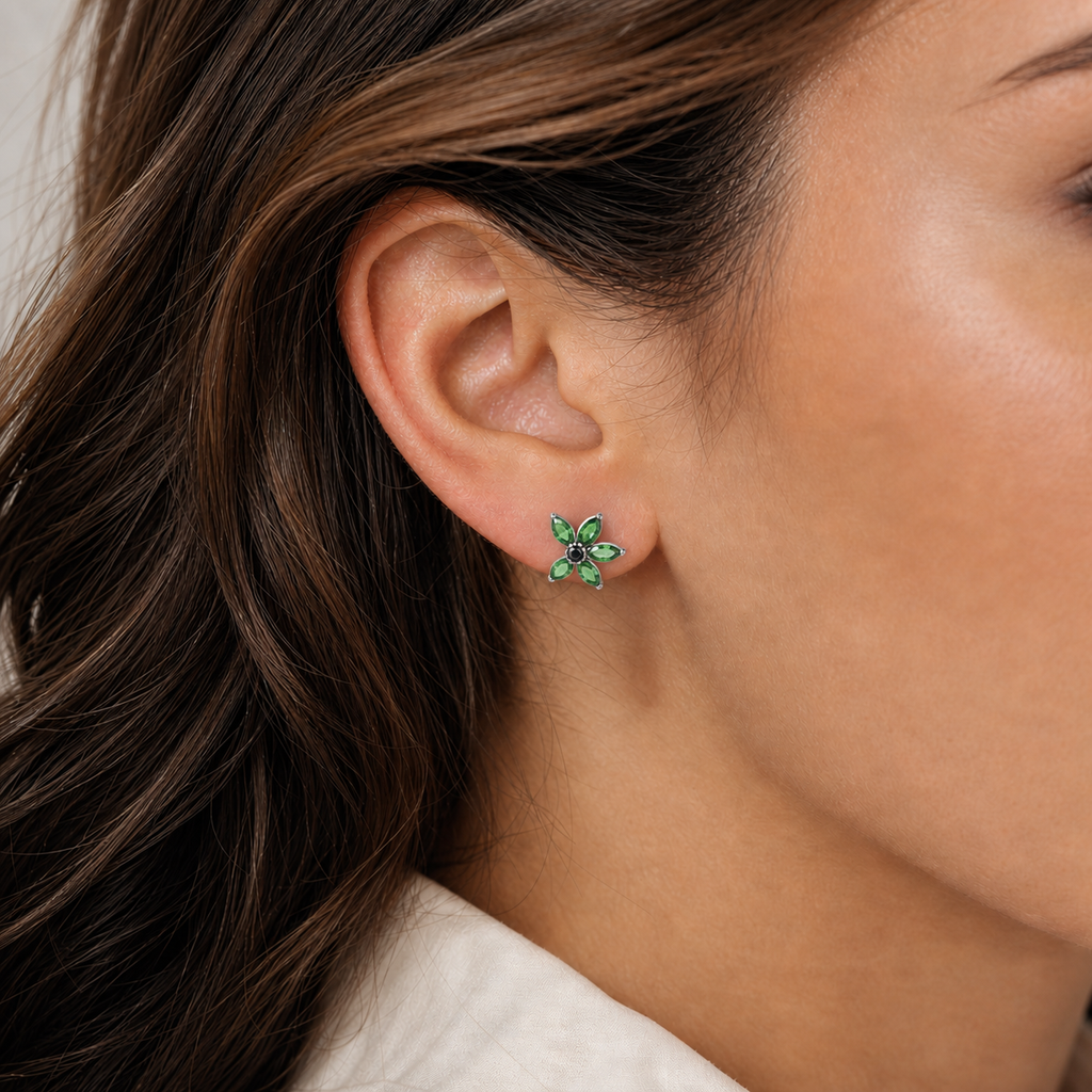 Green ASTM F136 Titanium Flat Back - Silver, Internally Threaded, 16G, 1.2 x 8 mm — wearing view one (P-FB-0154-S01)