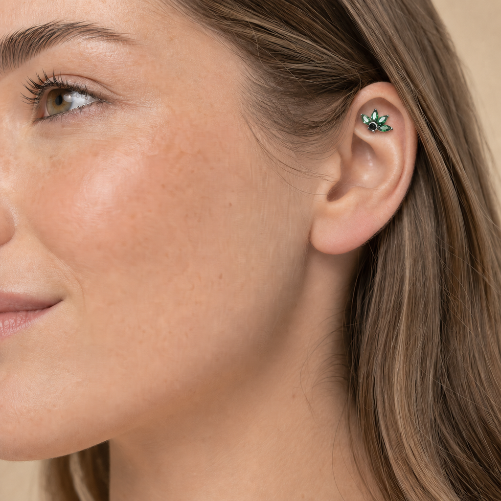 Green ASTM F136 Titanium Flat Back - Silver, Internally Threaded, 16G, 1.2 x 8 mm — wearing view two (P-FB-0154-S01)