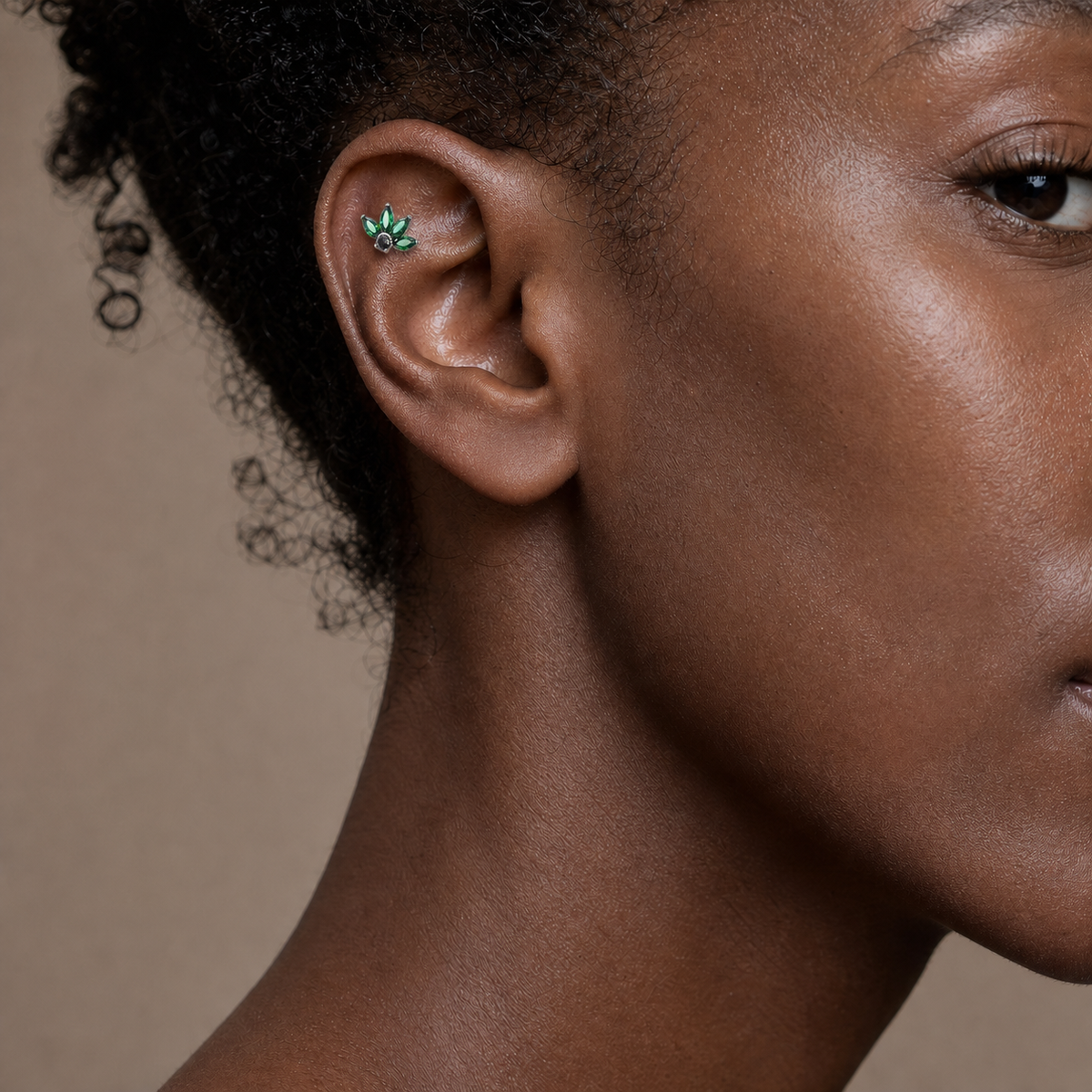 Green ASTM F136 Titanium Flat Back - Silver, Internally Threaded, 16G, 1.2 x 8 mm — wearing view three (P-FB-0154-S01)