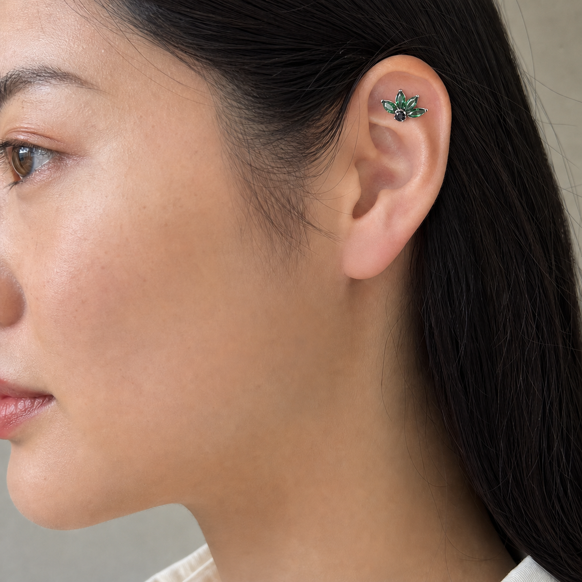 Green ASTM F136 Titanium Flat Back - Silver, Internally Threaded, 16G, 1.2 x 8 mm — wearing view four (P-FB-0154-S01)
