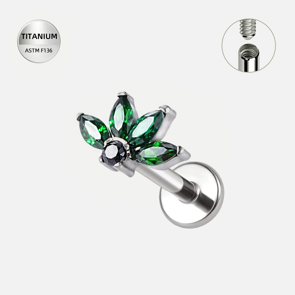 Green ASTM F136 Titanium Flat Back - Silver, Internally Threaded, 16G, 1.2 x 8 mm — product detail views (P-FB-0154-S01)