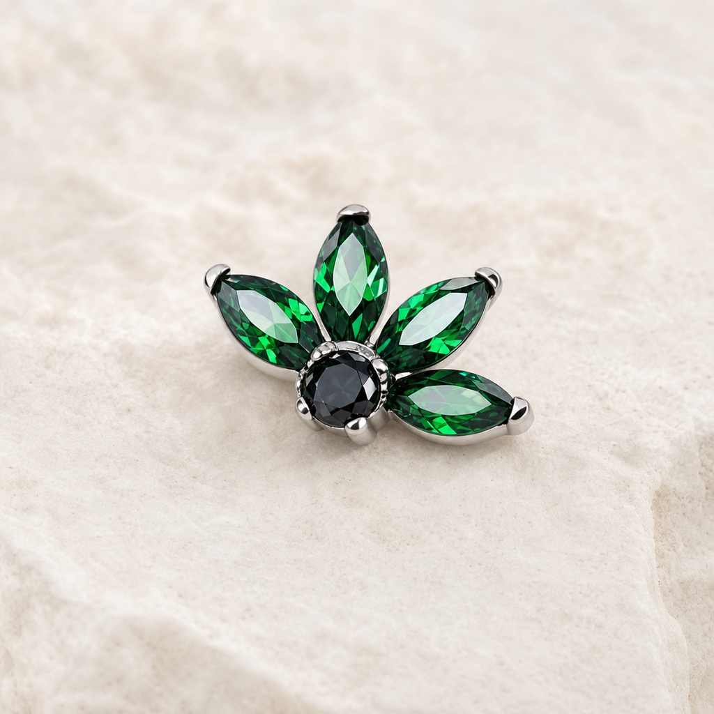 Green ASTM F136 Titanium Flat Back - Silver, Internally Threaded, 16G, 1.2 x 8 mm — styled flat lay (P-FB-0154-S01)