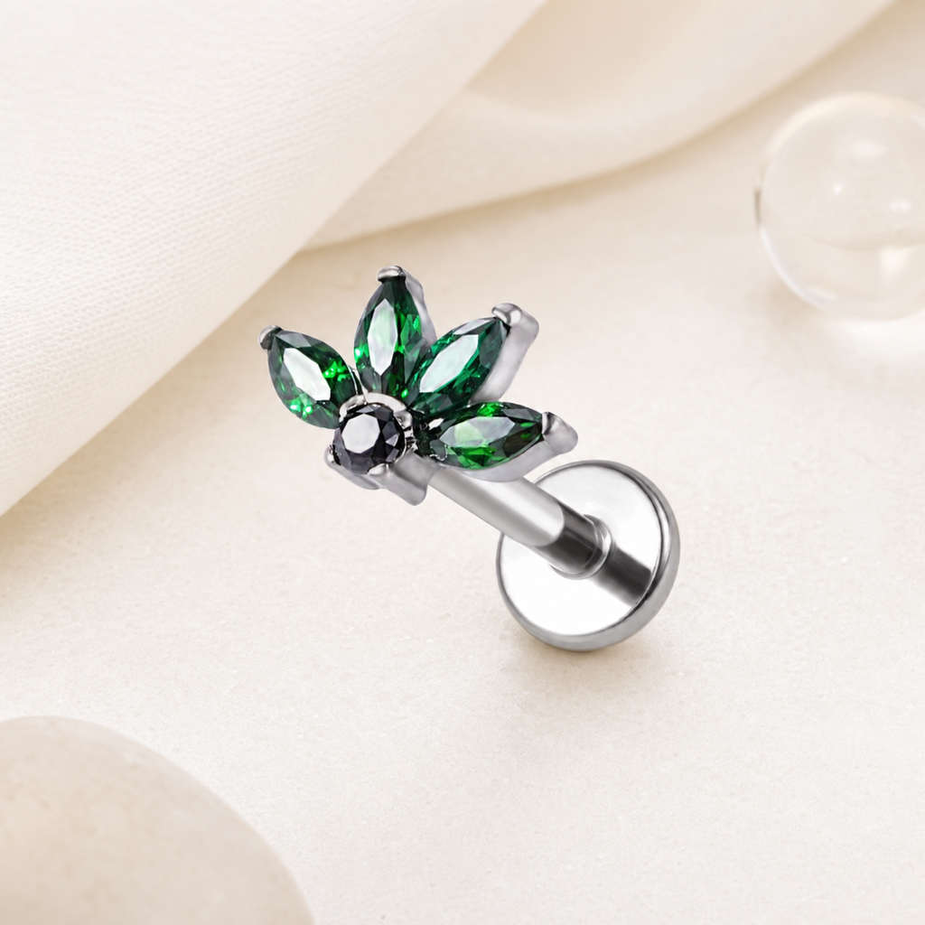 Green ASTM F136 Titanium Flat Back - Silver, Internally Threaded, 16G, 1.2 x 8 mm — styled flat lay (P-FB-0154-S01)