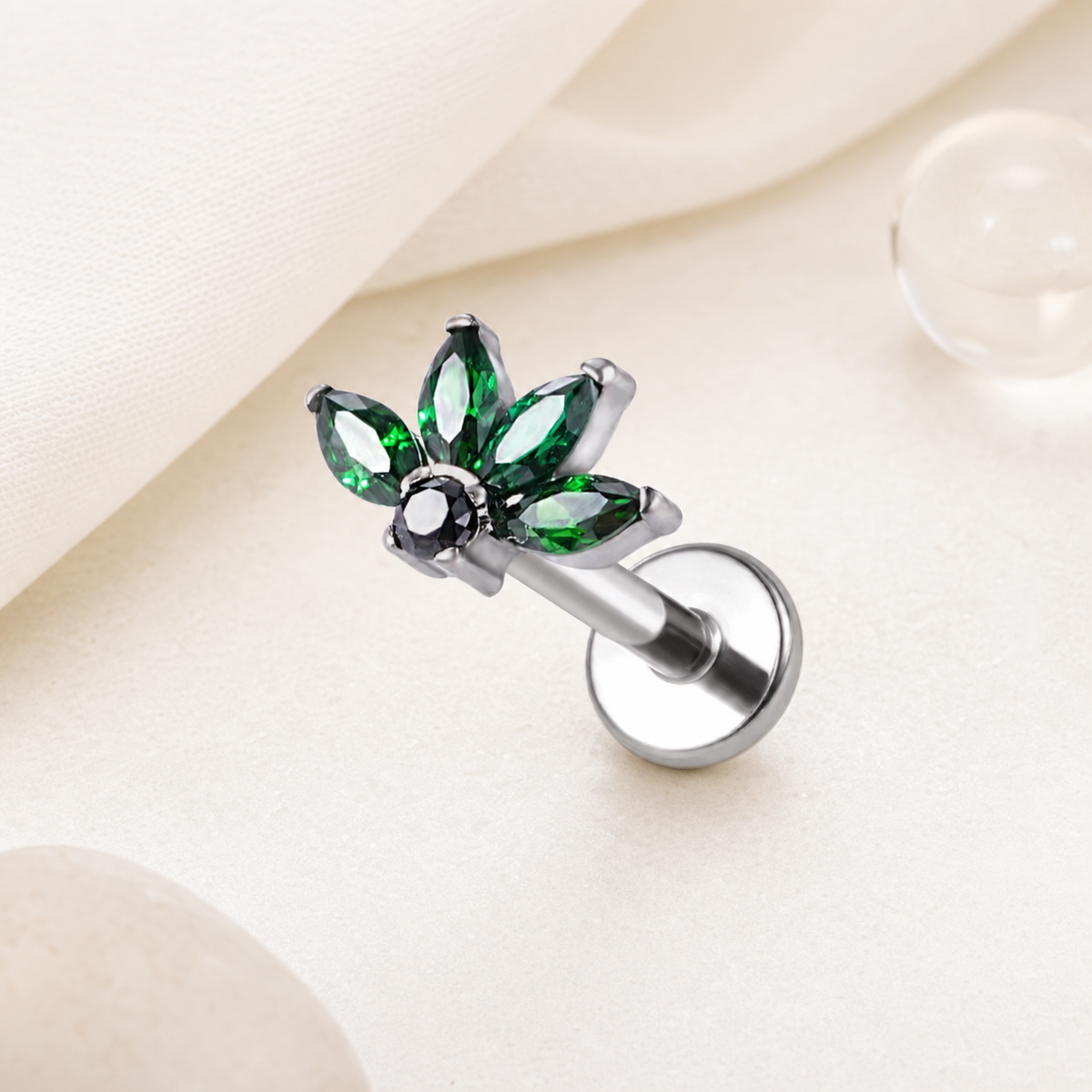 Green ASTM F136 Titanium Flat Back - Silver, Internally Threaded, 16G, 1.2 x 8 mm — styled flat lay (P-FB-0154-S01)
