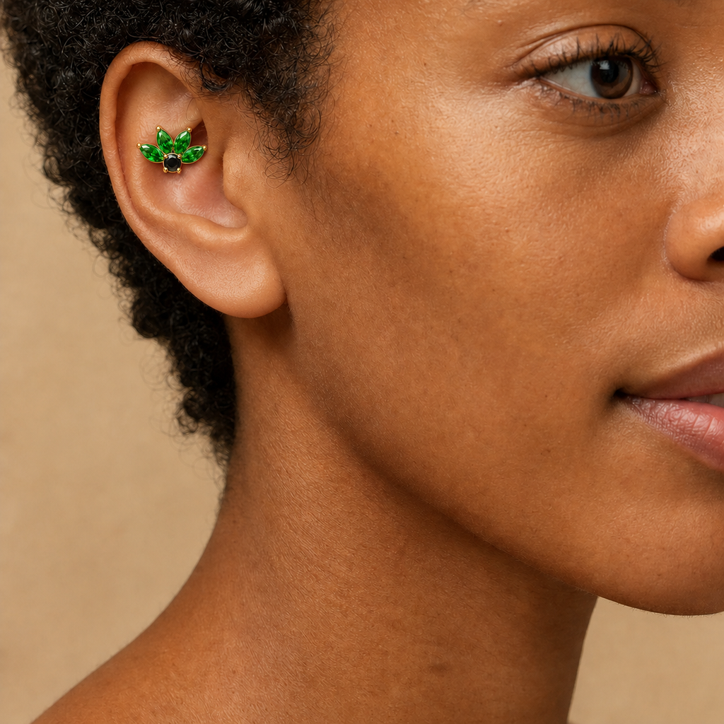 Green ASTM F136 Titanium Flat Back - Gold, Internally Threaded, 16G, 1.2 x 8 mm — wearing view three (P-FB-0155-G01)
