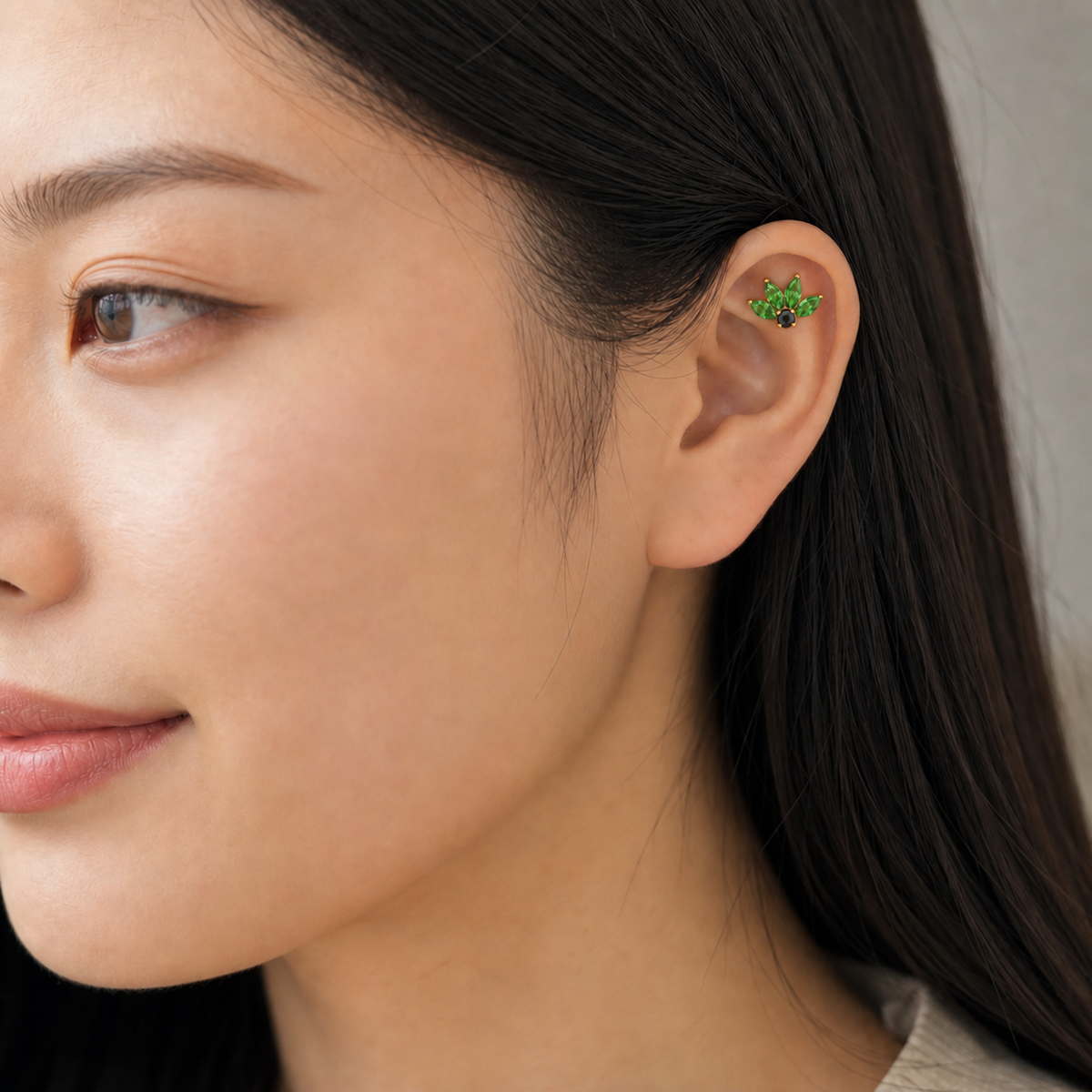 Green ASTM F136 Titanium Flat Back - Gold, Internally Threaded, 16G, 1.2 x 8 mm — wearing view four (P-FB-0155-G01)
