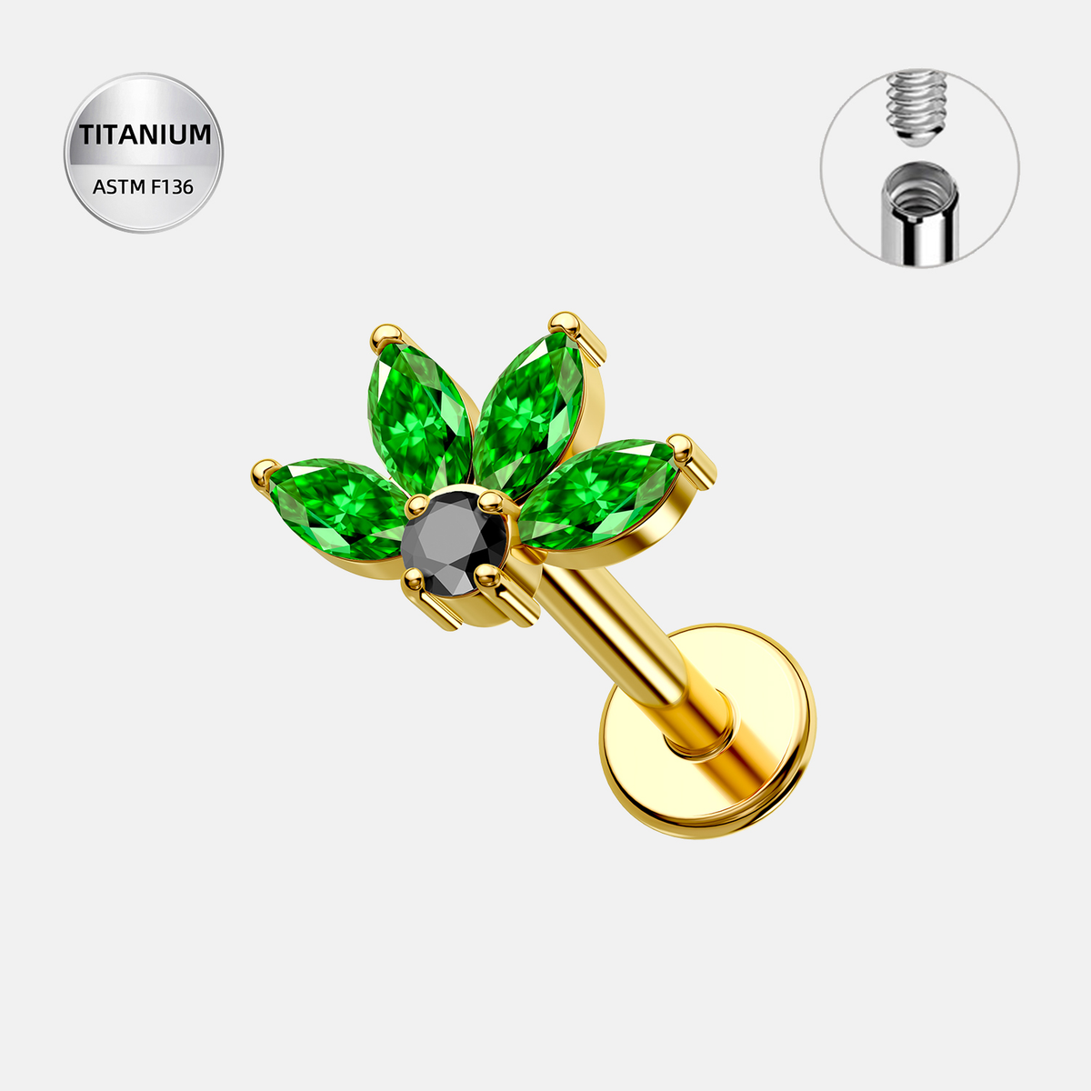Green ASTM F136 Titanium Flat Back - Gold, Internally Threaded, 16G, 1.2 x 8 mm — product detail views (P-FB-0155-G01)