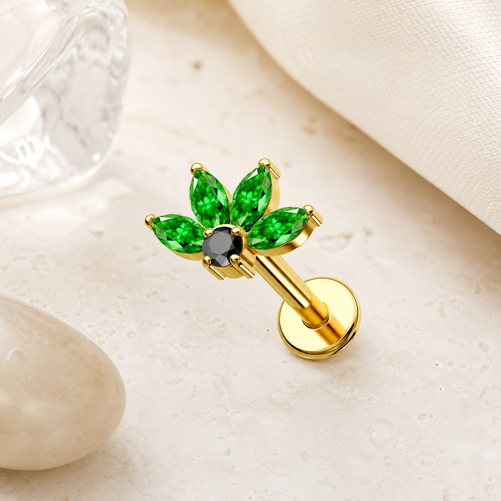 Green ASTM F136 Titanium Flat Back - Gold, Internally Threaded, 16G, 1.2 x 8 mm — styled flat lay (P-FB-0155-G01)