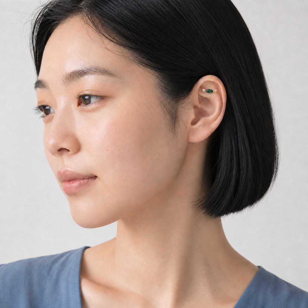 Emerald ASTM F136 Titanium Flat Back - Gold, Internally Threaded, 16G, 1.2 x 8+4 mm — wearing view four (P-FB-0156-G01)