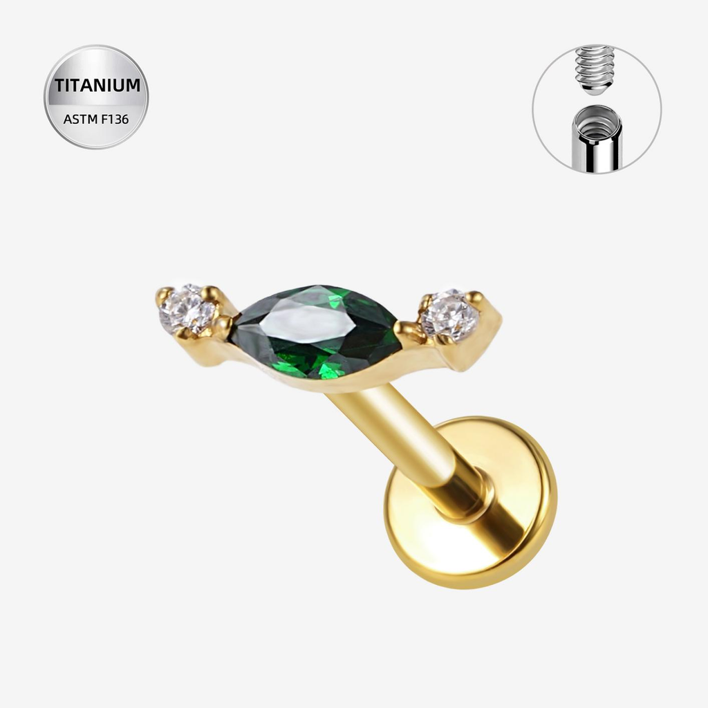 Emerald ASTM F136 Titanium Flat Back - Gold, Internally Threaded, 16G, 1.2 x 8+4 mm — product detail views (P-FB-0156-G01)