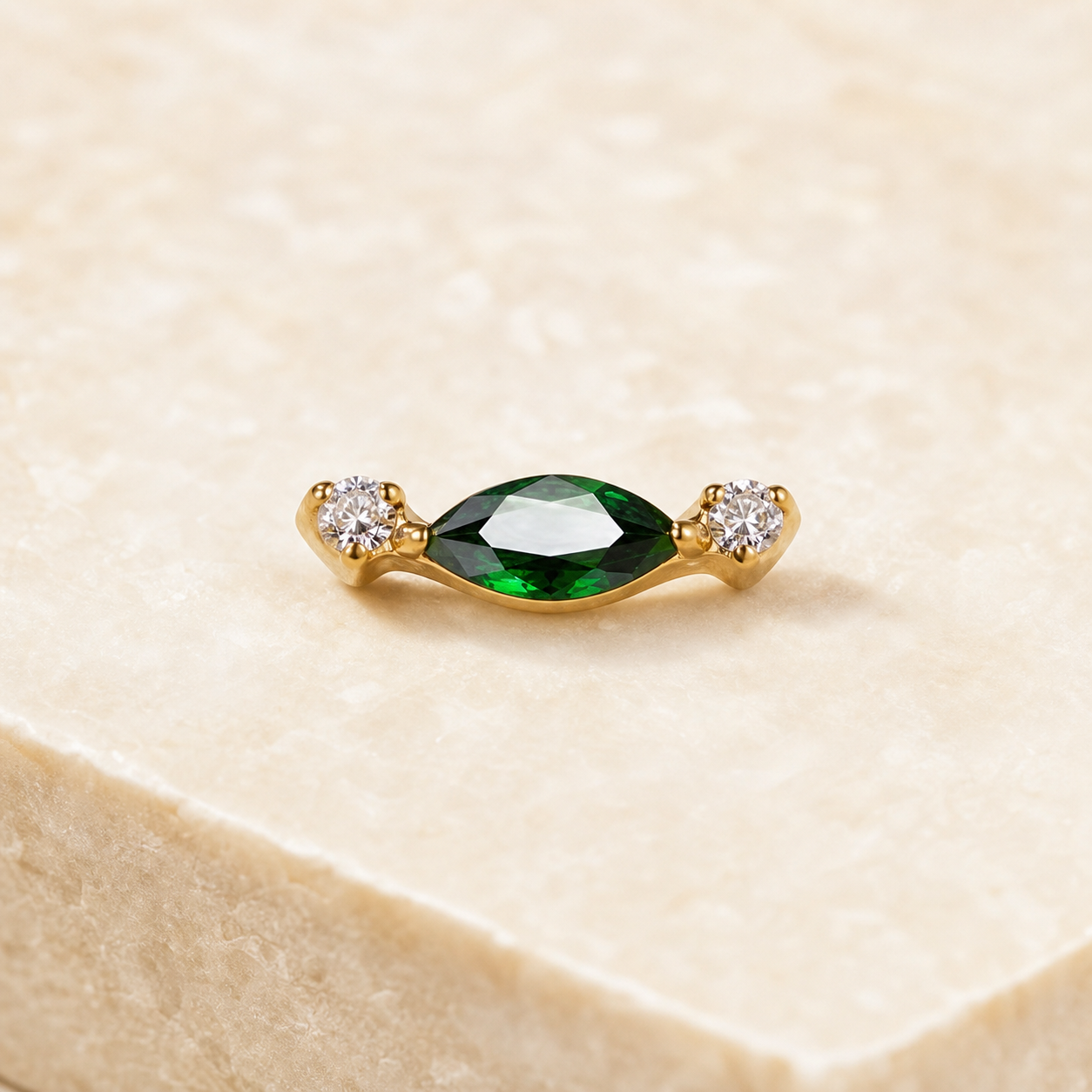 Emerald ASTM F136 Titanium Flat Back - Gold, Internally Threaded, 16G, 1.2 x 8+4 mm — styled flat lay (P-FB-0156-G01)