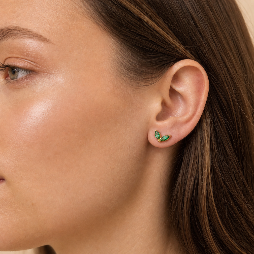 Emerald ASTM F136 Titanium Flat Back - Gold, Internally Threaded, 16G, 1.2 x 8+4 mm — wearing view one (P-FB-0157-G01)