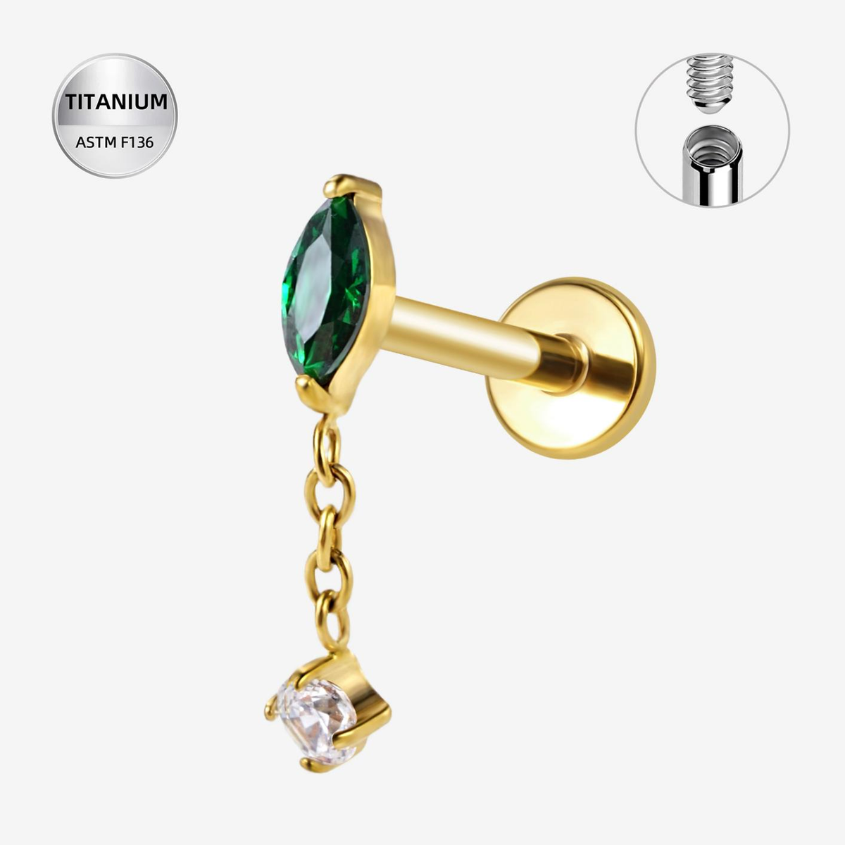 Emerald ASTM F136 Titanium Flat Back - Gold, Internally Threaded, 16G, 1.2 x 8+4 mm — product detail views (P-FB-0158-G01)