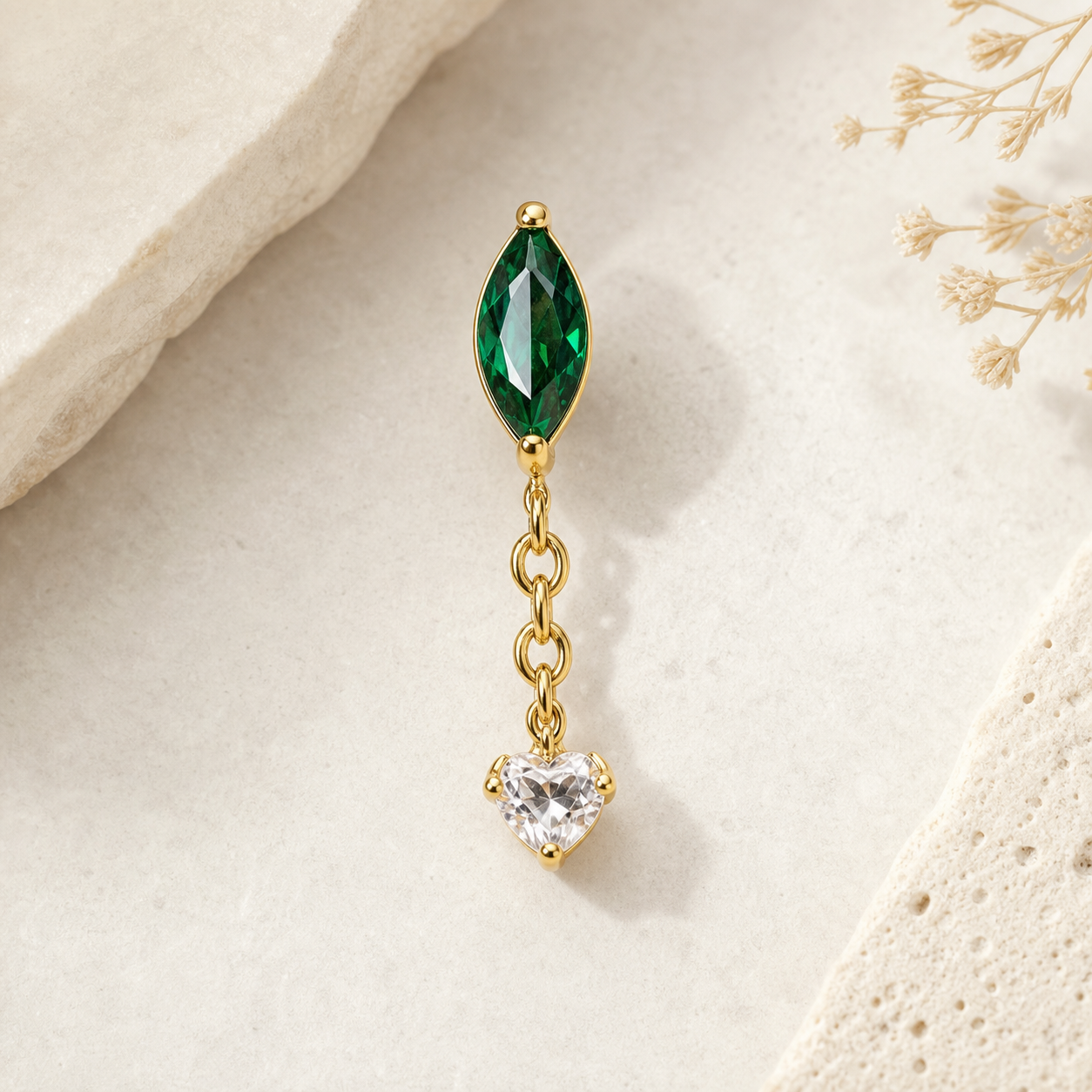 Emerald ASTM F136 Titanium Flat Back - Gold, Internally Threaded, 16G, 1.2 x 8+4 mm — styled flat lay (P-FB-0158-G01)