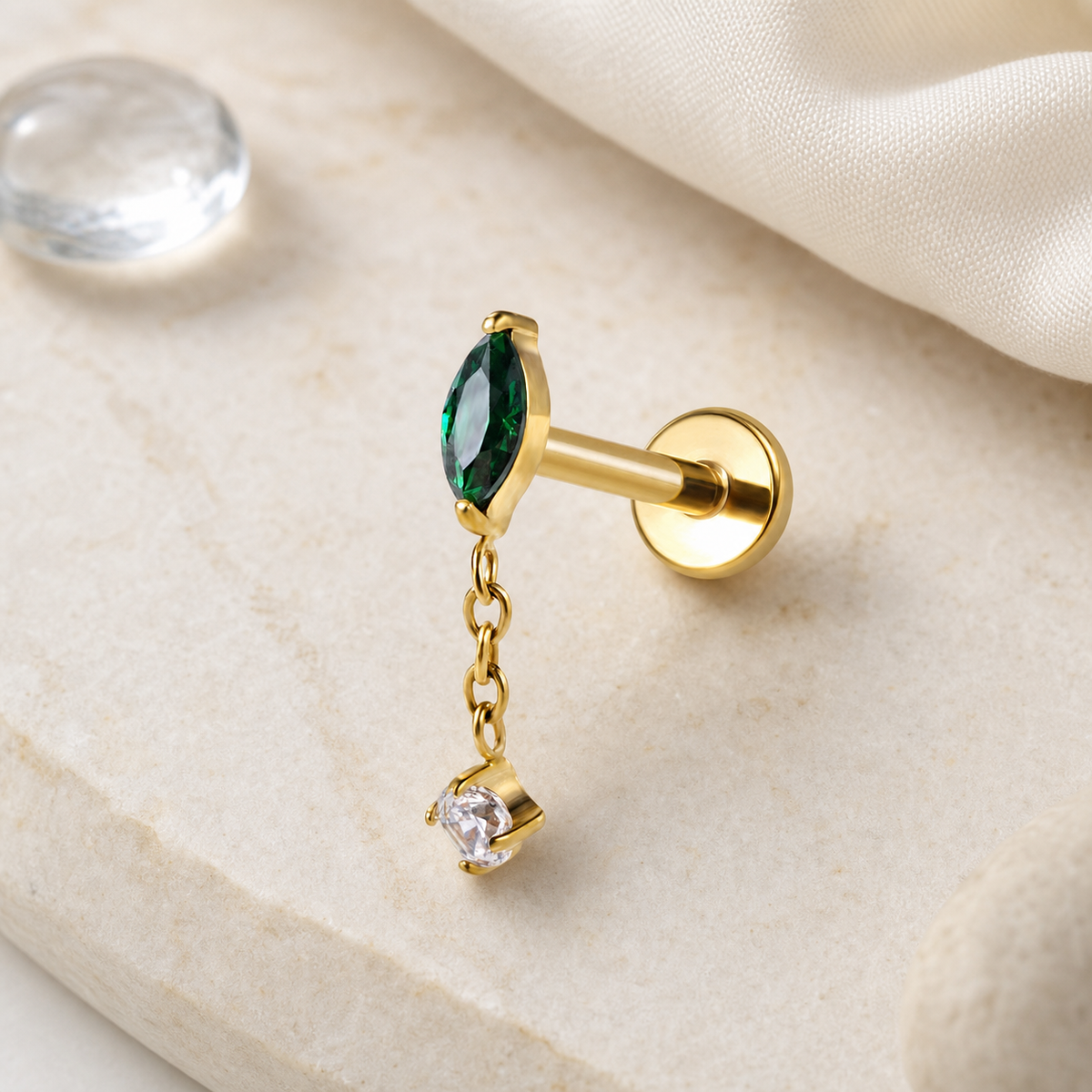 Emerald ASTM F136 Titanium Flat Back - Gold, Internally Threaded, 16G, 1.2 x 8+4 mm — styled flat lay (P-FB-0158-G01)