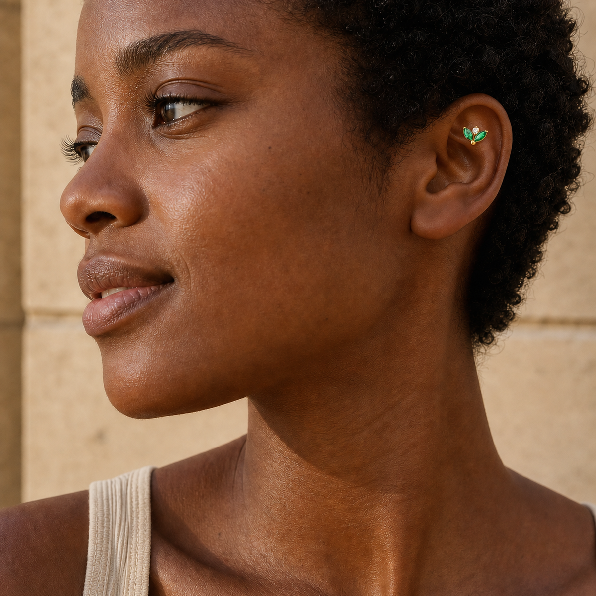 Emerald ASTM F136 Titanium Flat Back - Gold, Internally Threaded, 16G, 1.2 x 8+4 mm — wearing view three (P-FB-0159-G01)