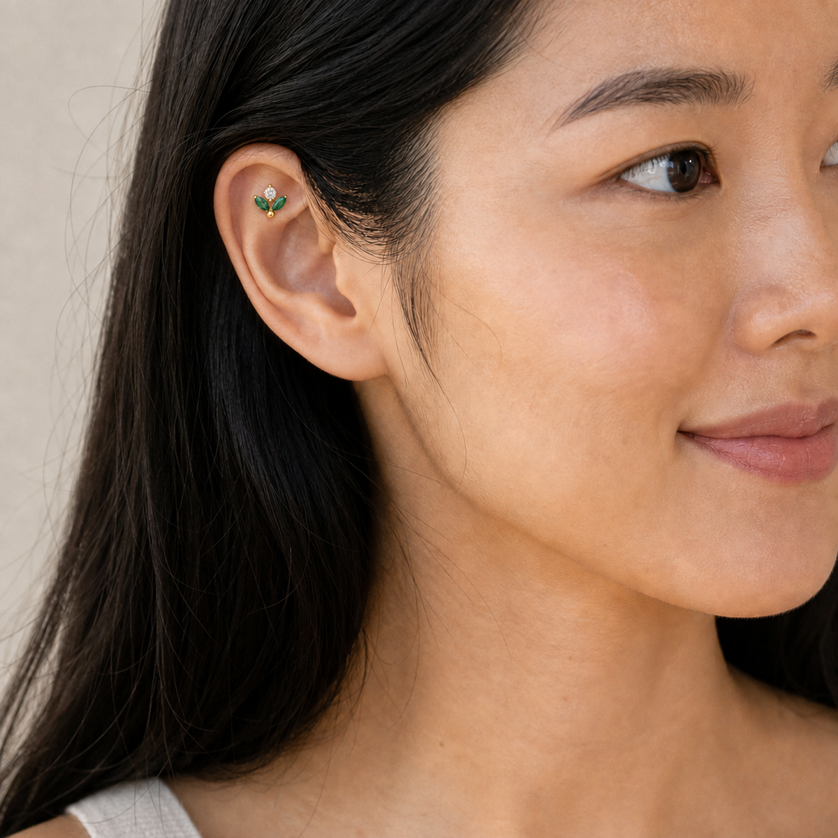 Emerald ASTM F136 Titanium Flat Back - Gold, Internally Threaded, 16G, 1.2 x 8+4 mm — wearing view four (P-FB-0159-G01)