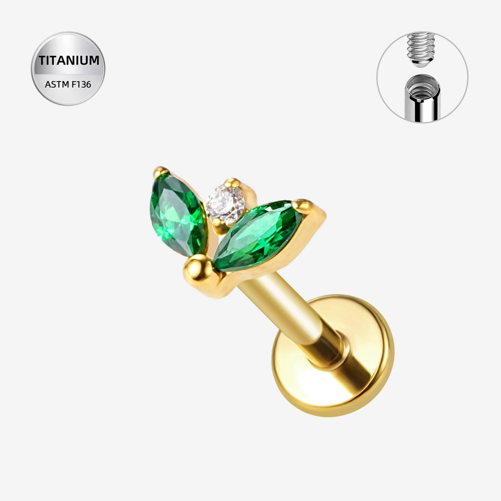 Emerald ASTM F136 Titanium Flat Back - Gold, Internally Threaded, 16G, 1.2 x 8+4 mm — product detail views (P-FB-0159-G01)