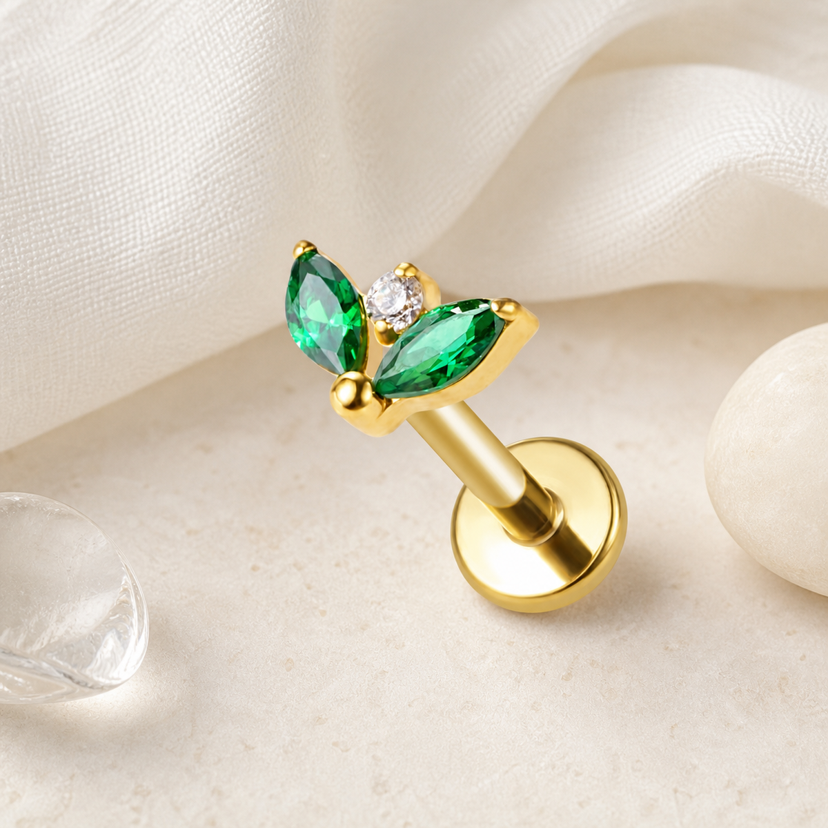 Emerald ASTM F136 Titanium Flat Back - Gold, Internally Threaded, 16G, 1.2 x 8+4 mm — styled flat lay (P-FB-0159-G01)