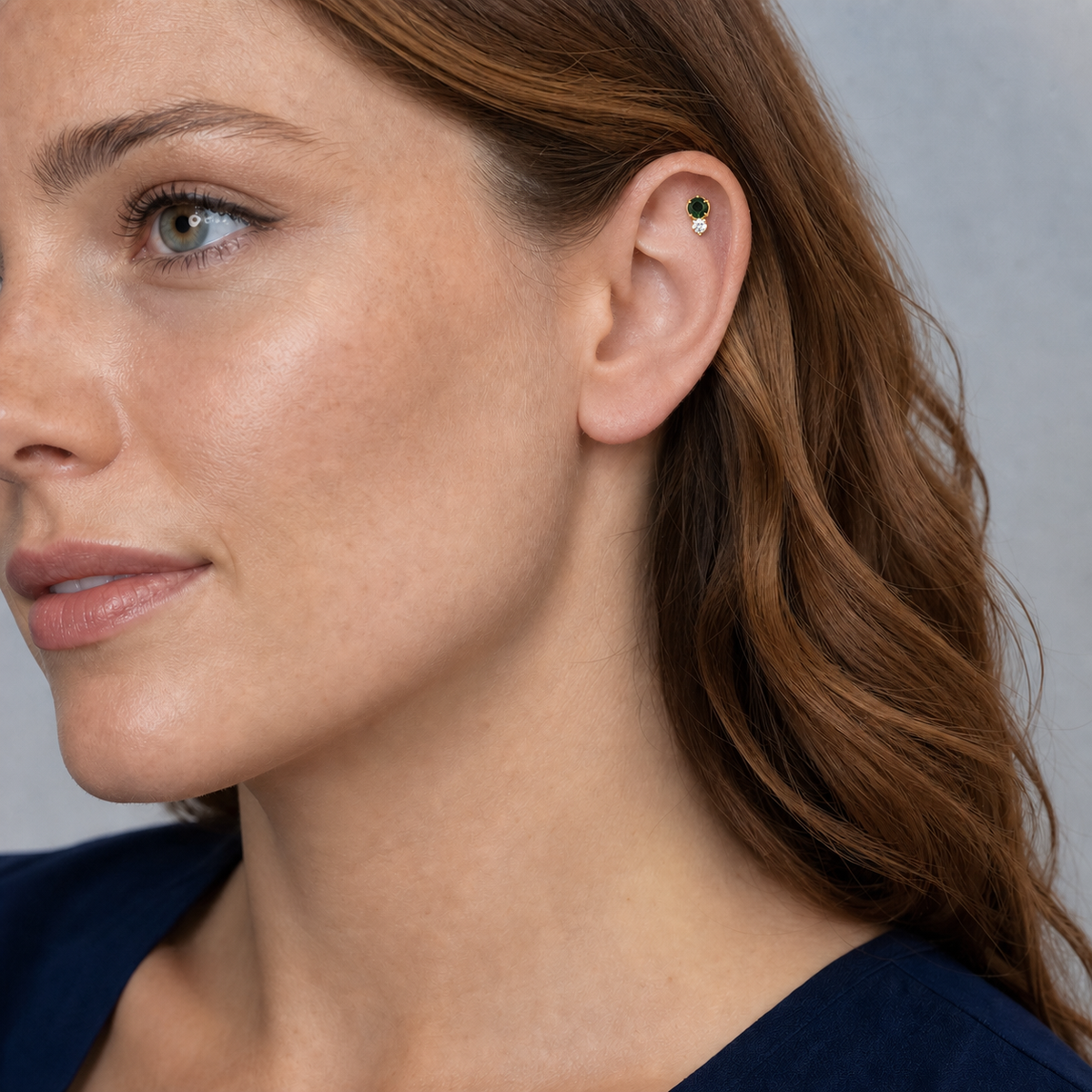 ASTM F136 Titanium Flat Back - Gold, Internally Threaded, 16G, 1.2 x 8+4 mm — wearing view two (P-FB-0160-G01)