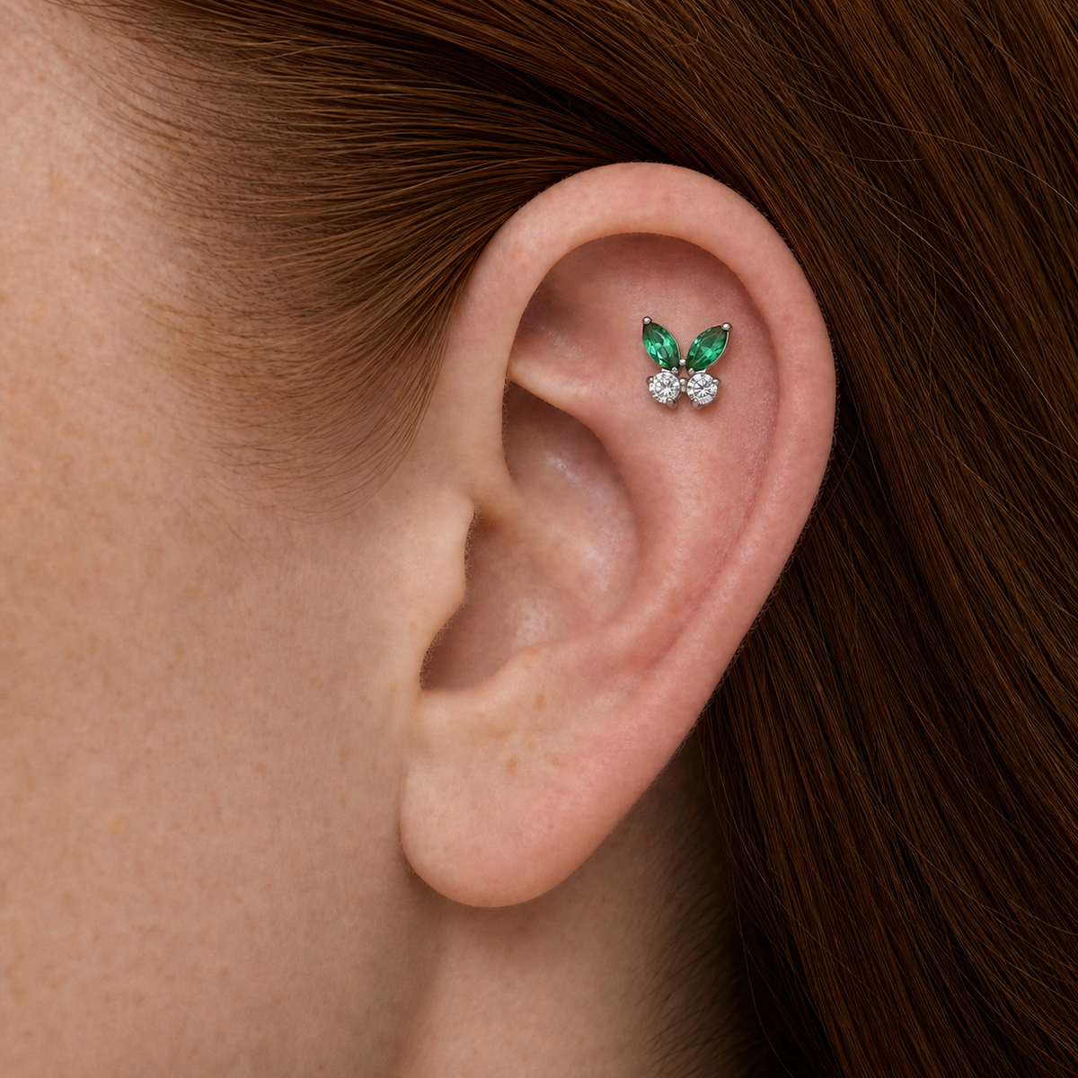 Clear CZ ASTM F136 Titanium Flat Back - Silver, Internally Threaded, 16G, 1.2 x 6+4 mm — wearing view two (P-FB-0161-S01)