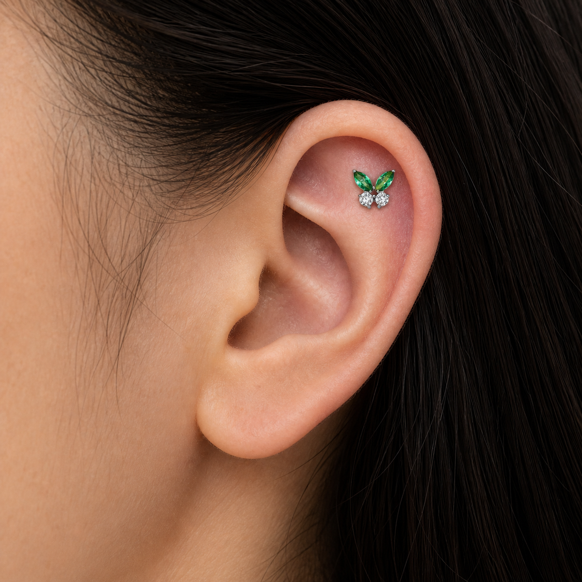 Clear CZ ASTM F136 Titanium Flat Back - Silver, Internally Threaded, 16G, 1.2 x 6+4 mm — wearing view four (P-FB-0161-S01)