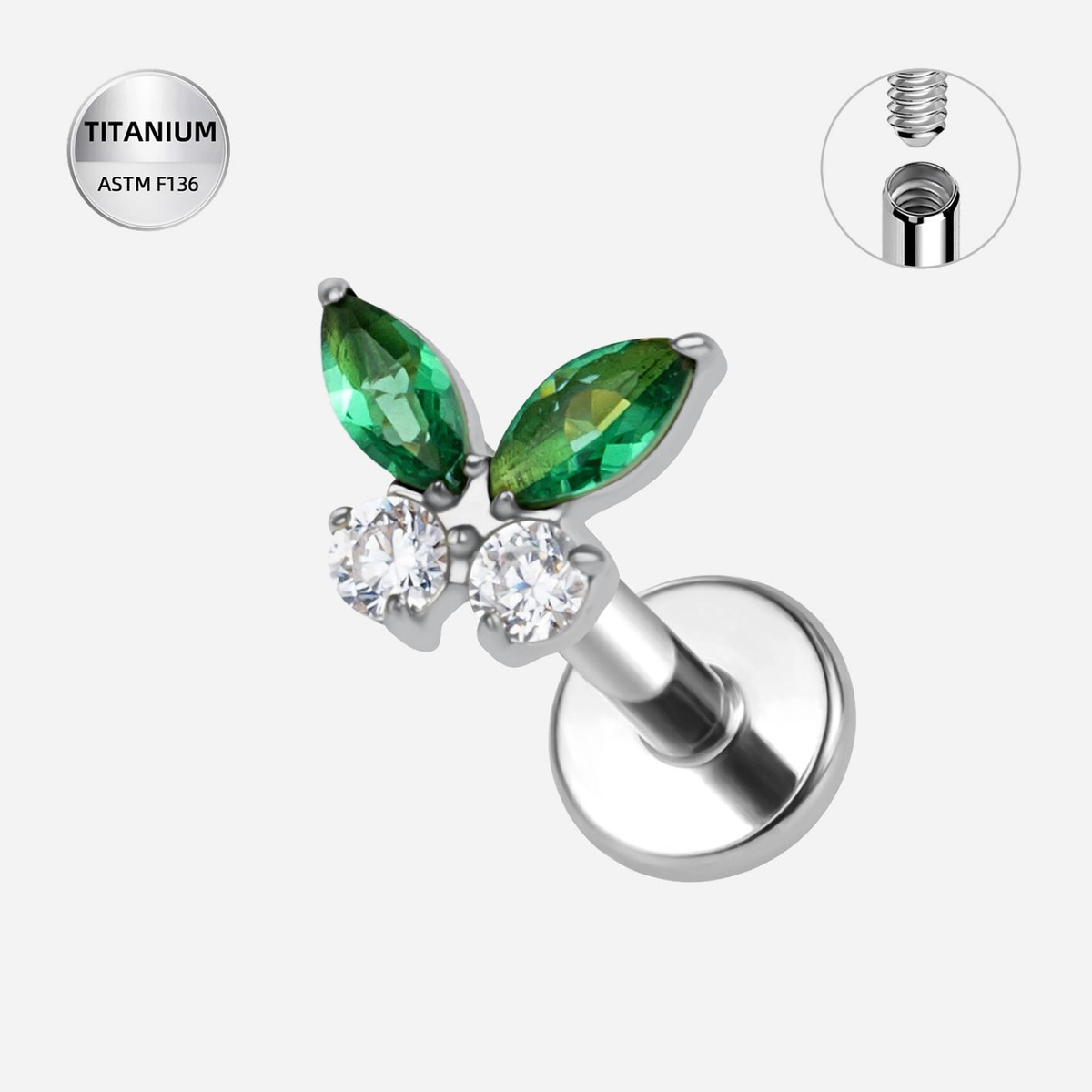 Clear CZ ASTM F136 Titanium Flat Back - Silver, Internally Threaded, 16G, 1.2 x 6+4 mm — product detail views (P-FB-0161-S01)