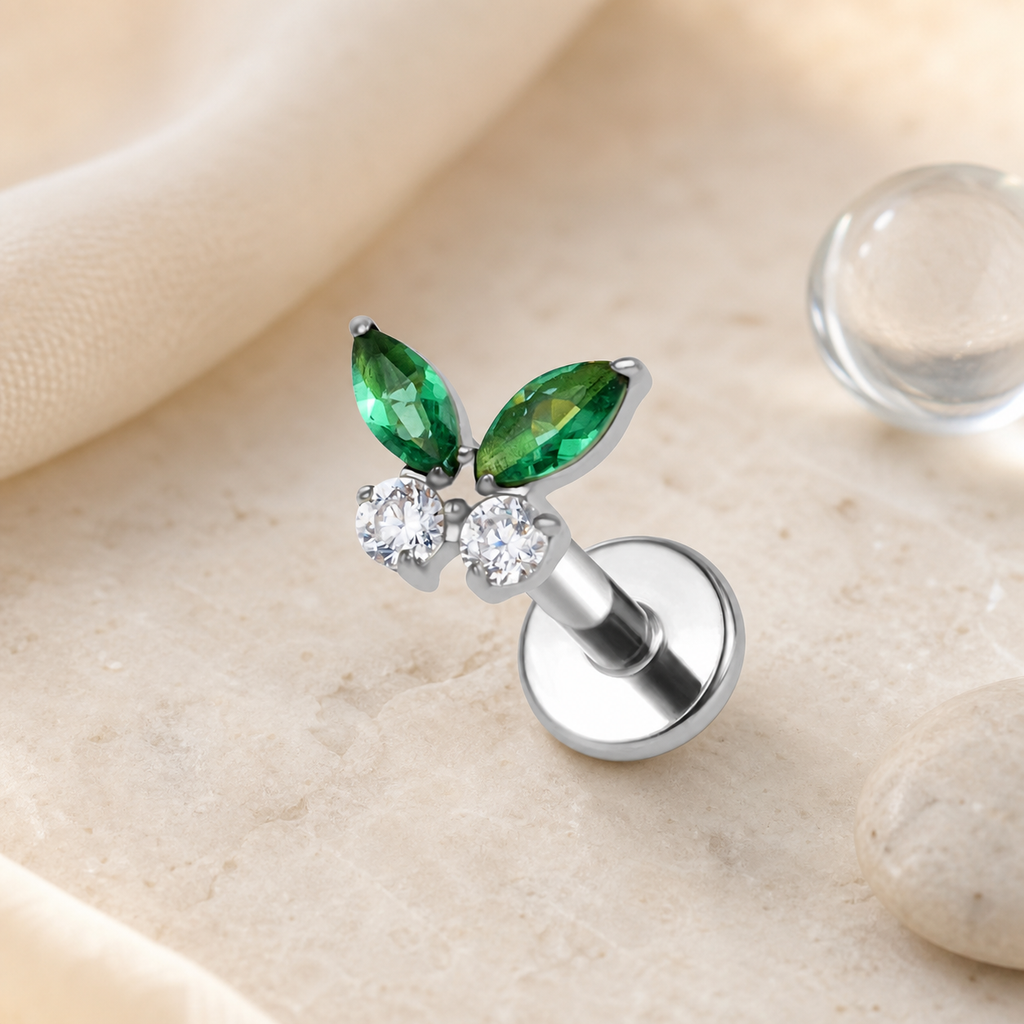 Clear CZ ASTM F136 Titanium Flat Back - Silver, Internally Threaded, 16G, 1.2 x 6+4 mm — styled flat lay (P-FB-0161-S01)