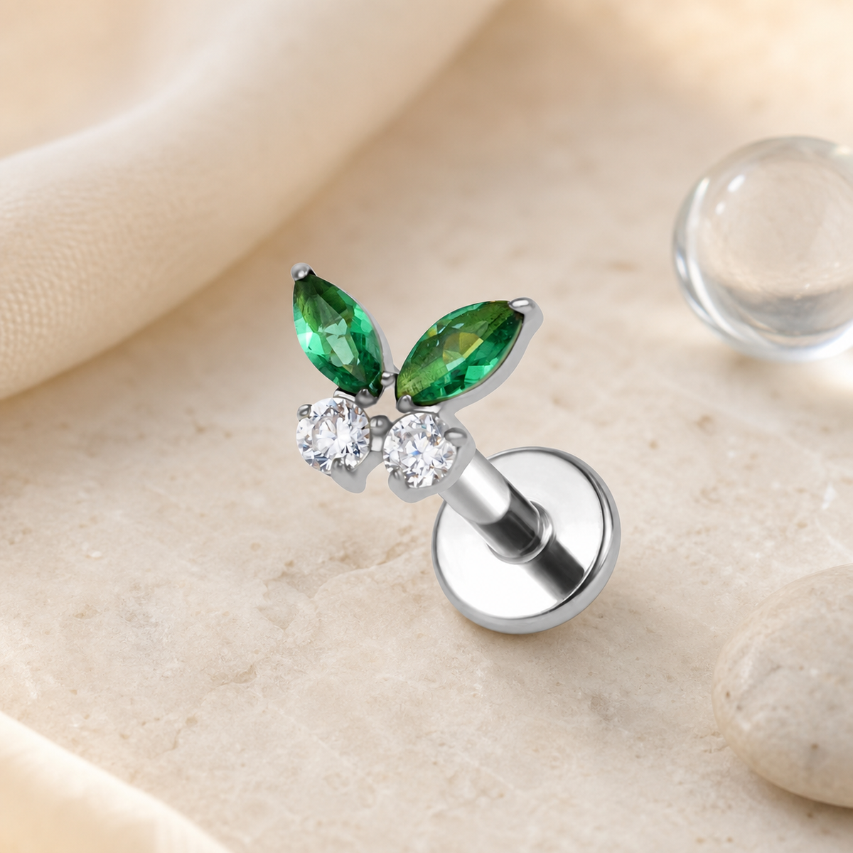 Clear CZ ASTM F136 Titanium Flat Back - Silver, Internally Threaded, 16G, 1.2 x 6+4 mm — styled flat lay (P-FB-0161-S01)