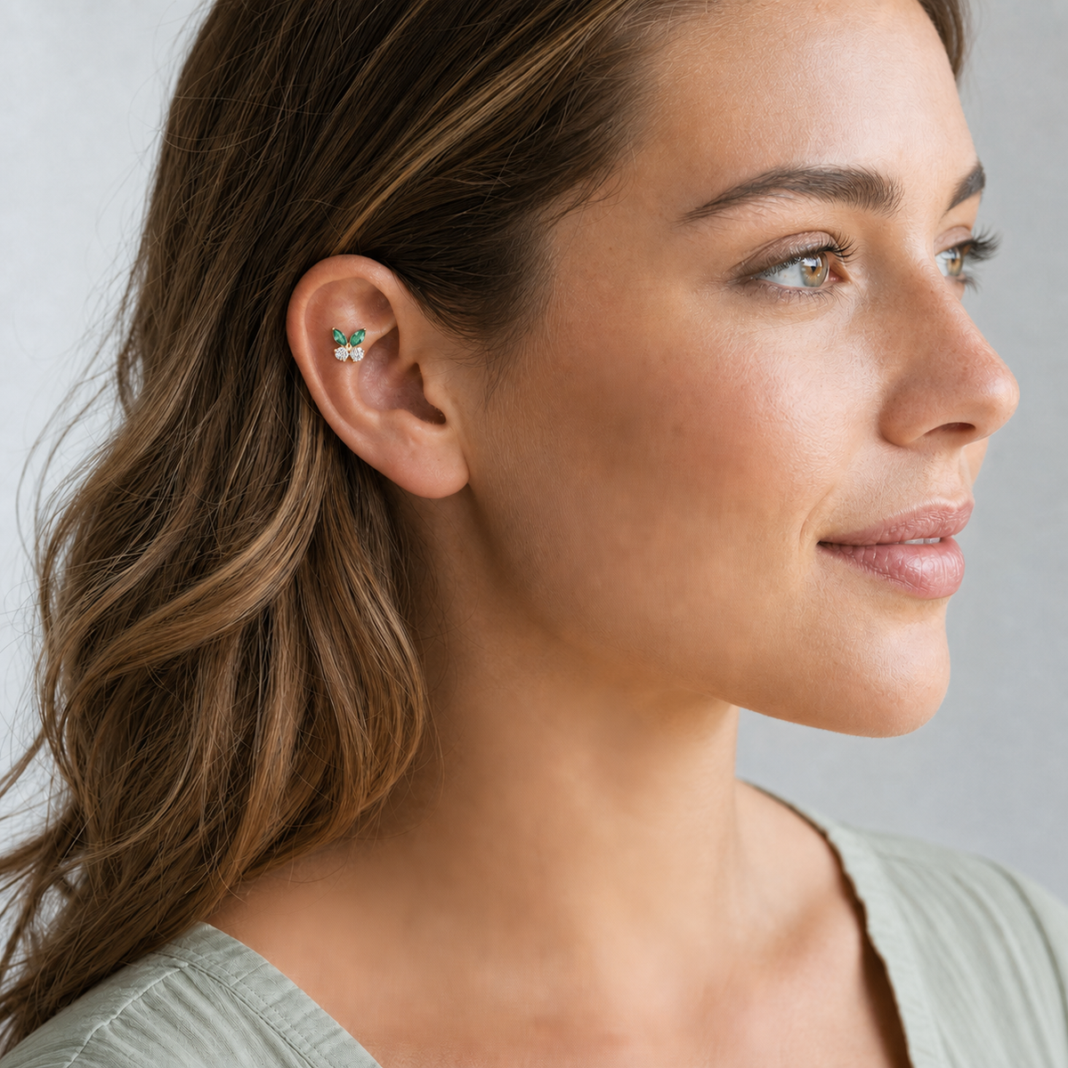Clear CZ ASTM F136 Titanium Flat Back - Gold, Internally Threaded, 16G, 1.2 x 6+4 mm — wearing view two (P-FB-0162-G01)
