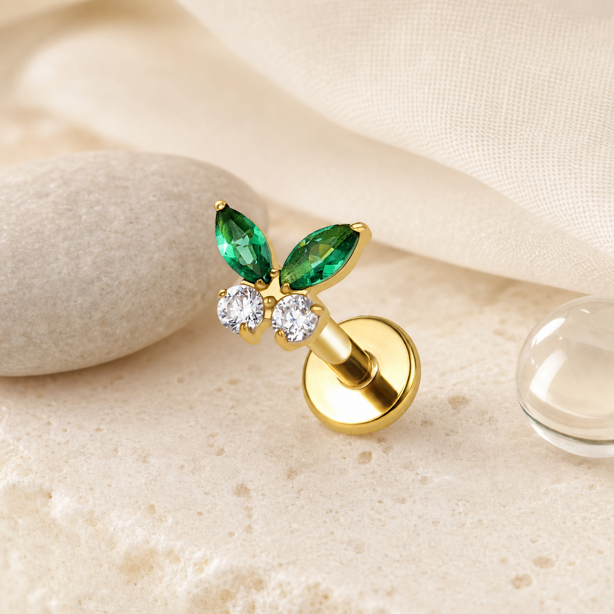 Clear CZ ASTM F136 Titanium Flat Back - Gold, Internally Threaded, 16G, 1.2 x 6+4 mm — styled flat lay (P-FB-0162-G01)