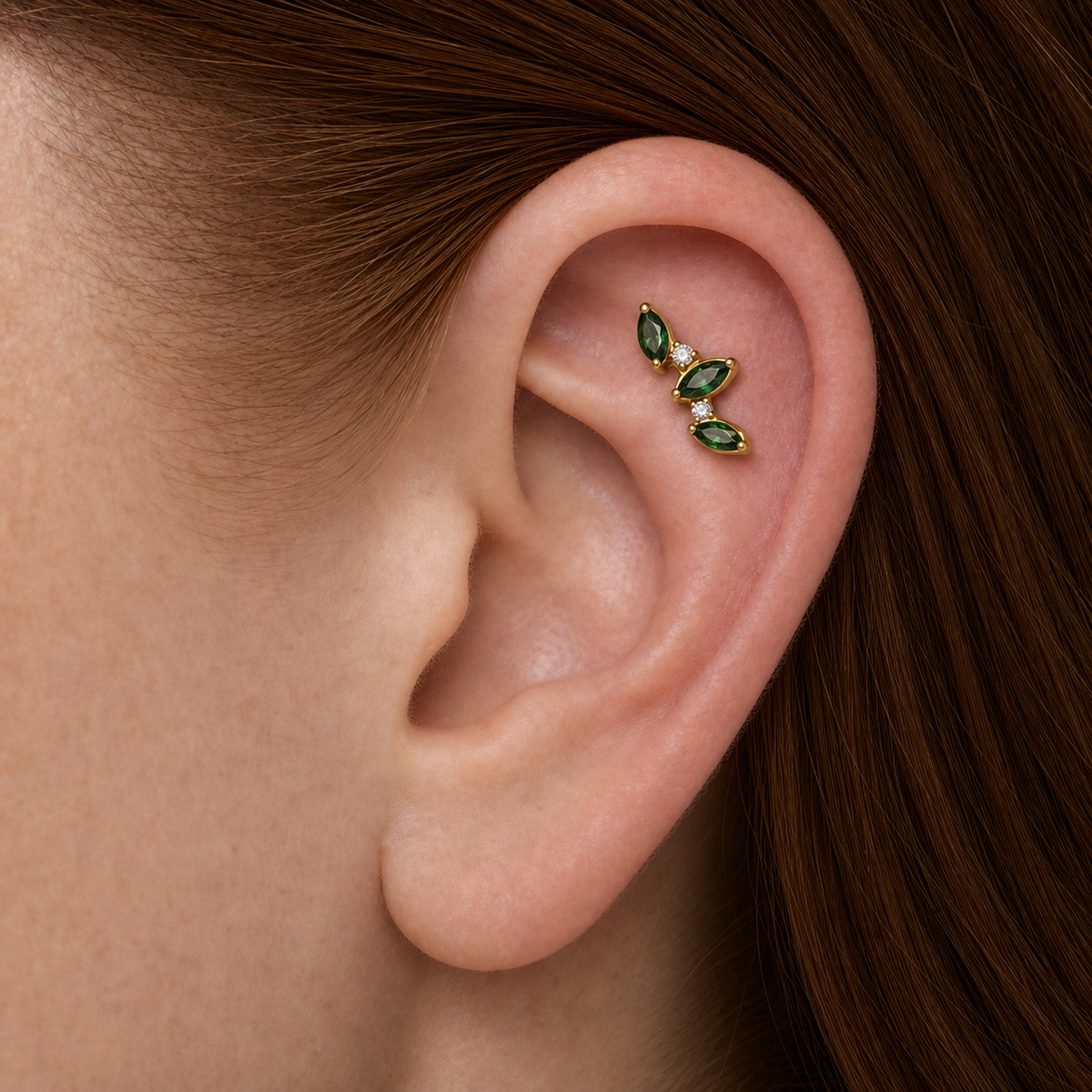 Emerald ASTM F136 Titanium Flat Back - Gold, Internally Threaded, 16G, 1.2 x 8+4 mm — wearing view two (P-FB-0163-G01)