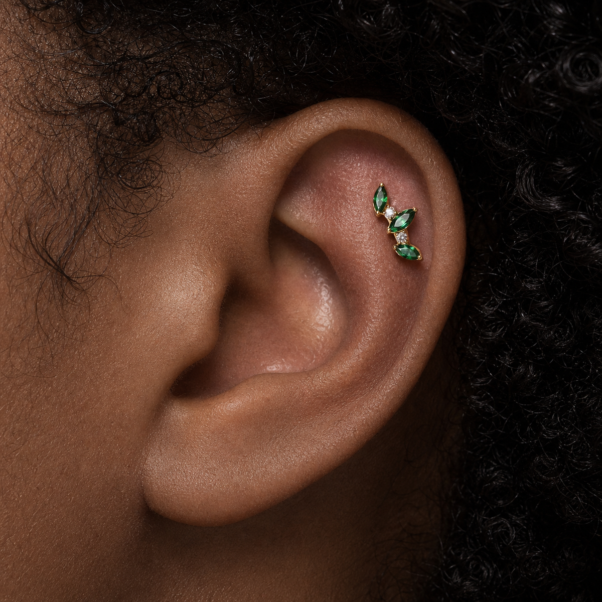 Emerald ASTM F136 Titanium Flat Back - Gold, Internally Threaded, 16G, 1.2 x 8+4 mm — wearing view three (P-FB-0163-G01)