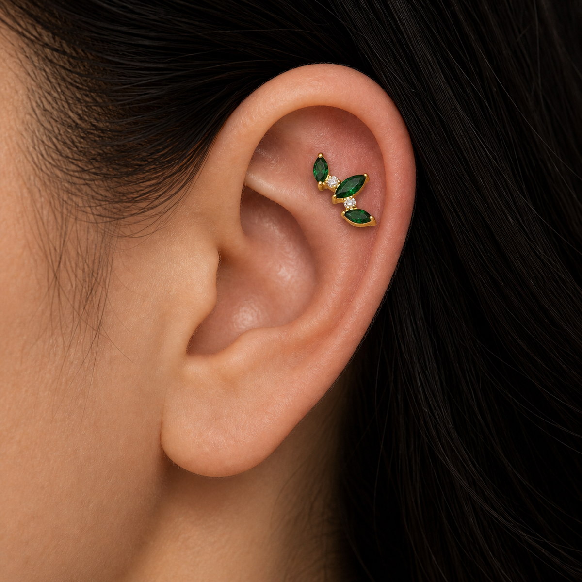 Emerald ASTM F136 Titanium Flat Back - Gold, Internally Threaded, 16G, 1.2 x 8+4 mm — wearing view four (P-FB-0163-G01)