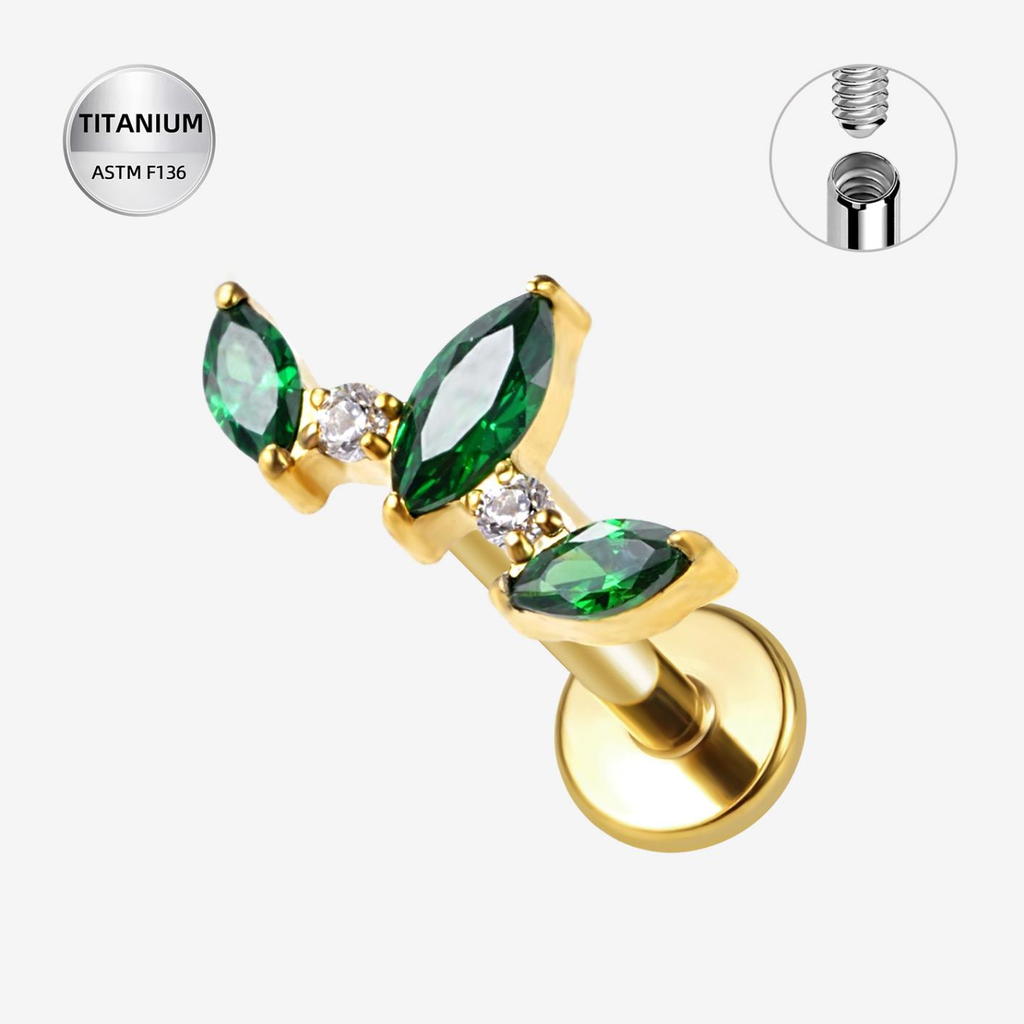 Emerald ASTM F136 Titanium Flat Back - Gold, Internally Threaded, 16G, 1.2 x 8+4 mm — product detail views (P-FB-0163-G01)