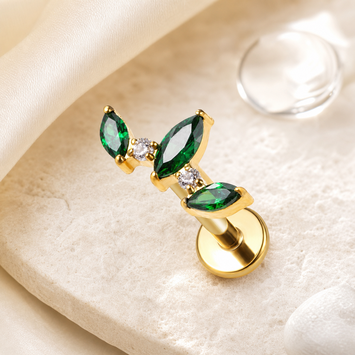 Emerald ASTM F136 Titanium Flat Back - Gold, Internally Threaded, 16G, 1.2 x 8+4 mm — styled flat lay (P-FB-0163-G01)