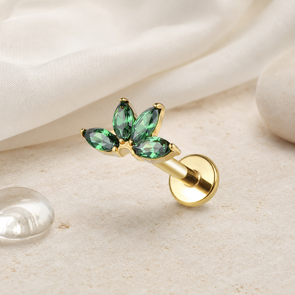 SW205 ASTM F136 Titanium Flat Back - Gold, Internally Threaded, 16G, 1.2 x 8+4 mm — styled flat lay (P-FB-0164-G01)
