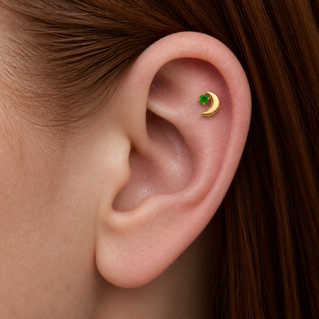 Emerald ASTM F136 Titanium Flat Back - Gold, Internally Threaded, 16G, 1.2 x 8+4 mm — wearing view two (P-FB-0165-G01)